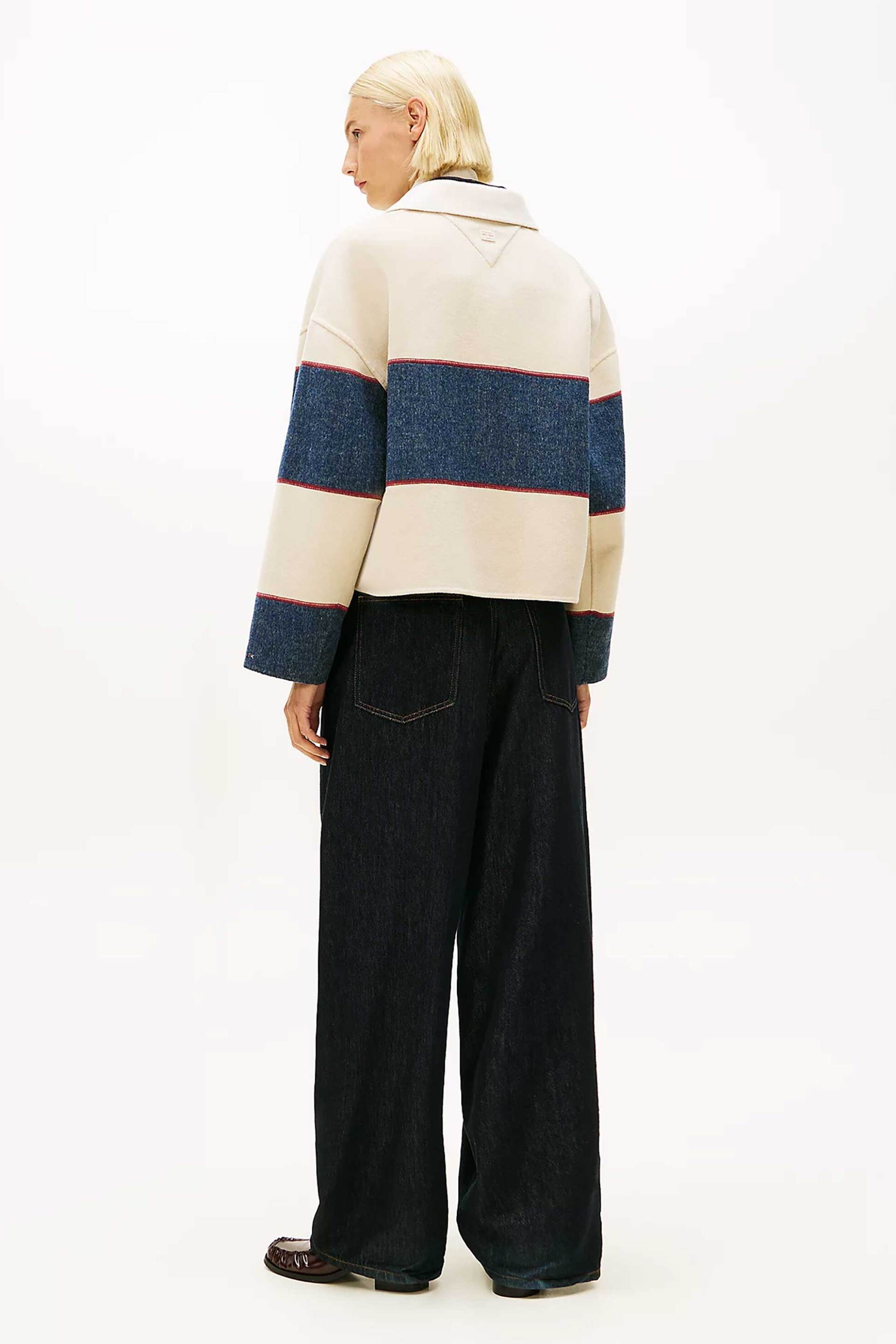 Tommy Hilfiger Γυναικείο Jacket Cropped με Rugby Stripe Pattern Oversized Fit - Ww0Ww47743 Κρέμ