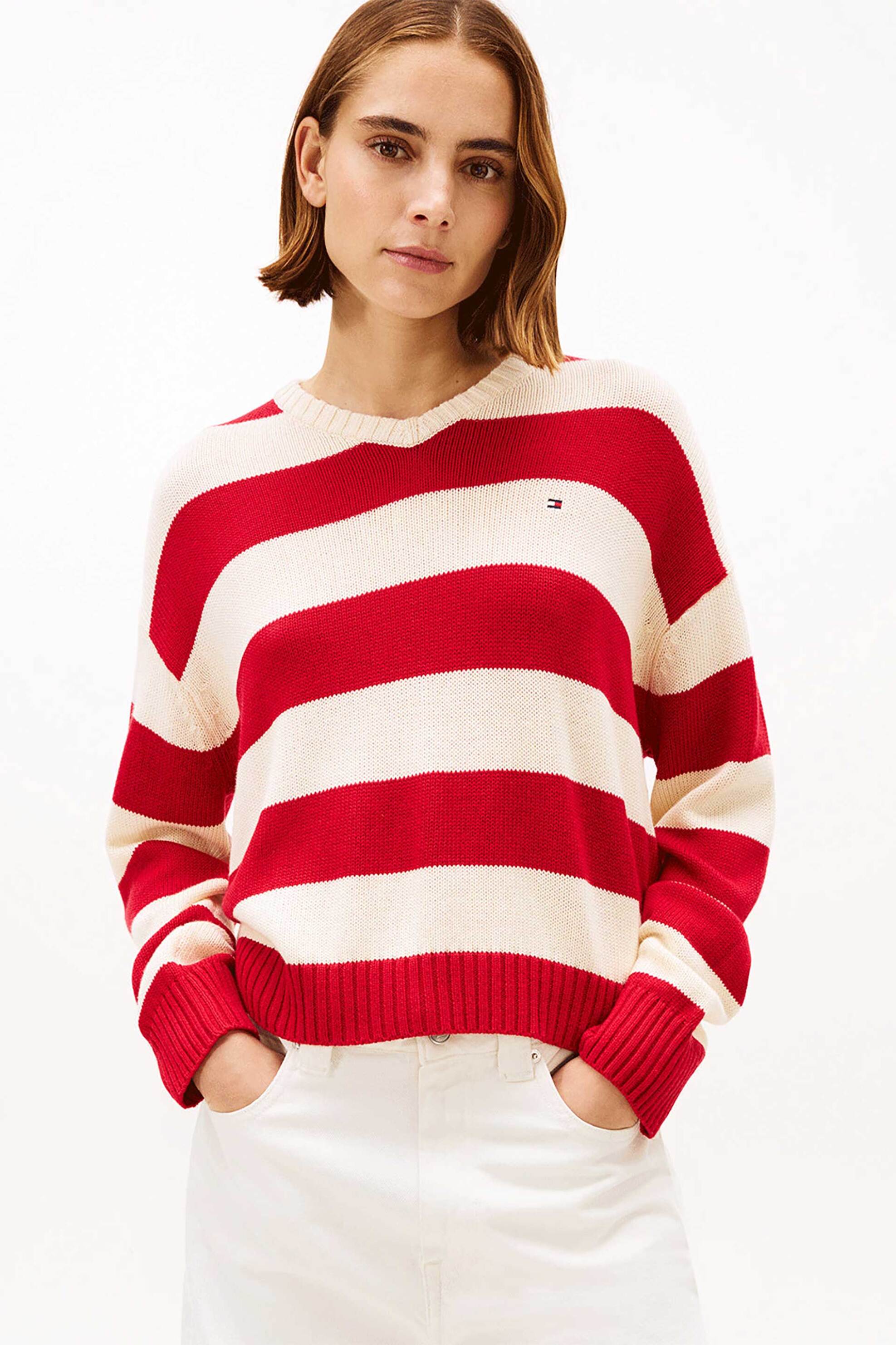 Tommy Hilfiger γυναικείο πουλόβερ με κασμίρι και ριγέ σχέδιο με κεντημένο logo flag Relaxed Fit - WW0WW47655 Κόκκινο