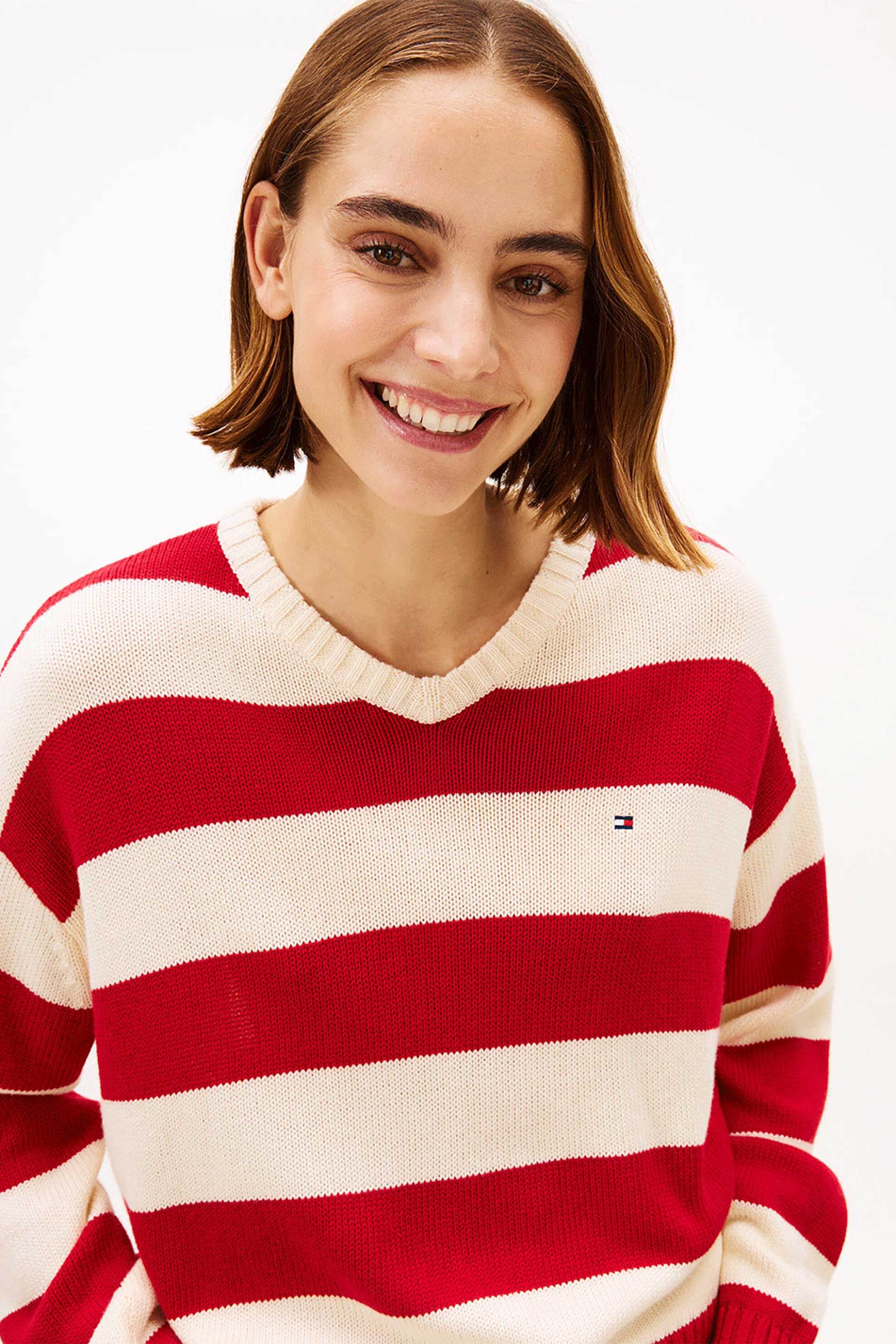 TOMMY HILFIGER Tommy Hilfiger γυναικείο πουλόβερ με κασμίρι και ριγέ σχέδιο με κεντημένο logo flag Relaxed Fit - WW0WW47655 Κόκκινο - 2