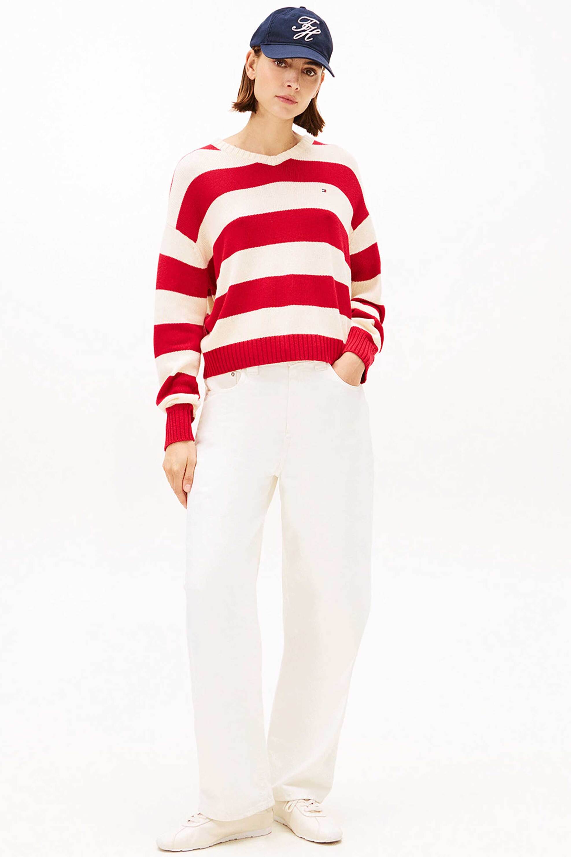 TOMMY HILFIGER Tommy Hilfiger γυναικείο πουλόβερ με κασμίρι και ριγέ σχέδιο με κεντημένο logo flag Relaxed Fit - WW0WW47655 Κόκκινο - 3