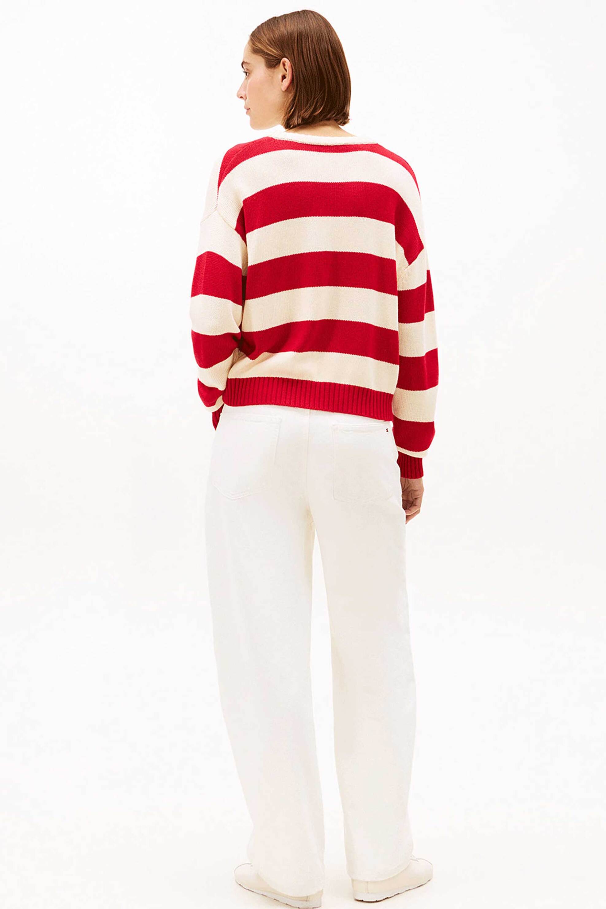 Tommy Hilfiger Γυναικείο Πουλόβερ με Κασμίρι Και Ριγέ Σχέδιο Κεντημένο Logo Flag Relaxed Fit - Ww0Ww47655 Κόκκινο