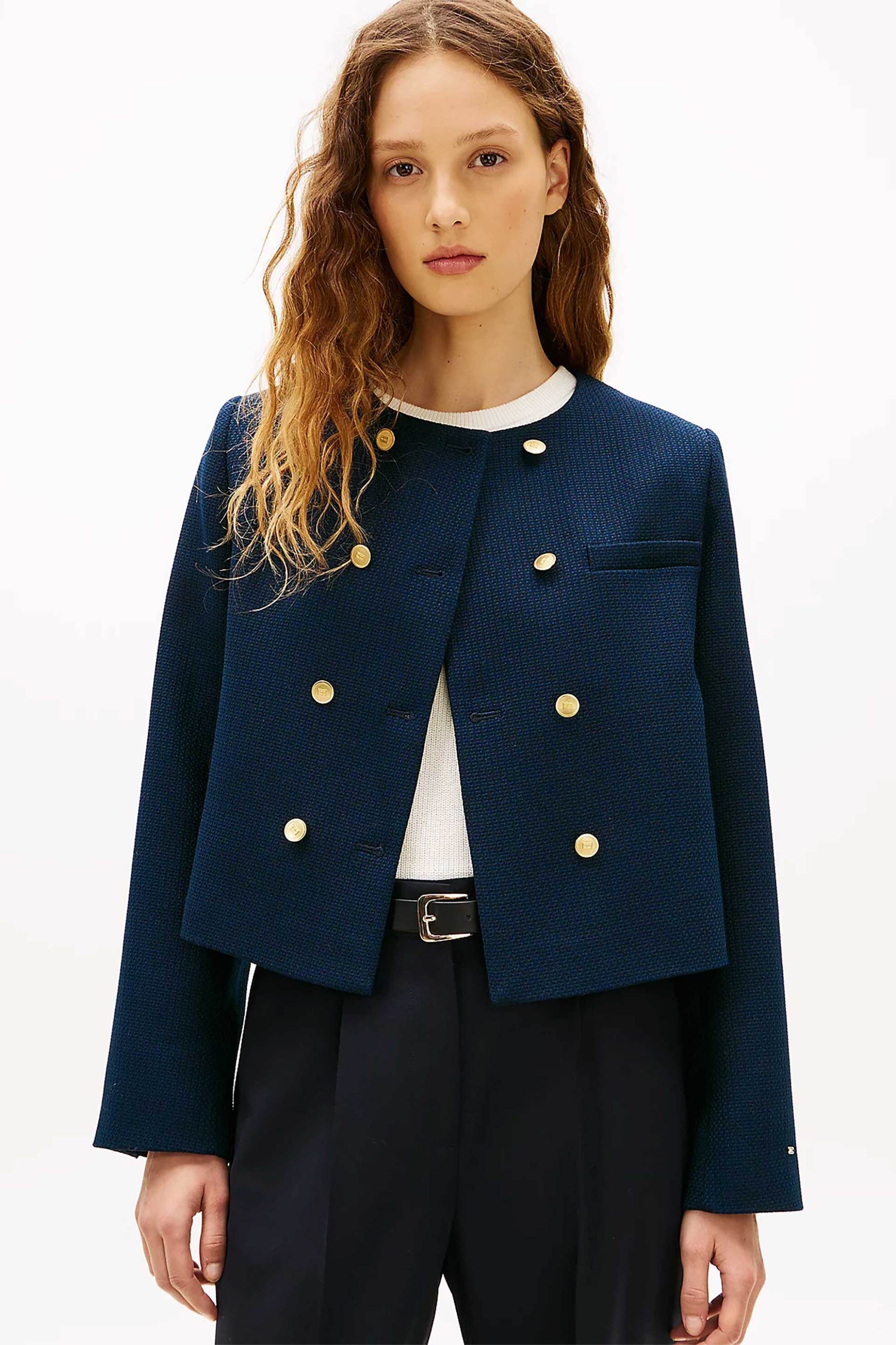 Tommy Hilfiger γυναικείο σακάκι textured με σταυρωτό κλείσιμο Regular Fit - WW0WW47792 Μπλε Σκούρο