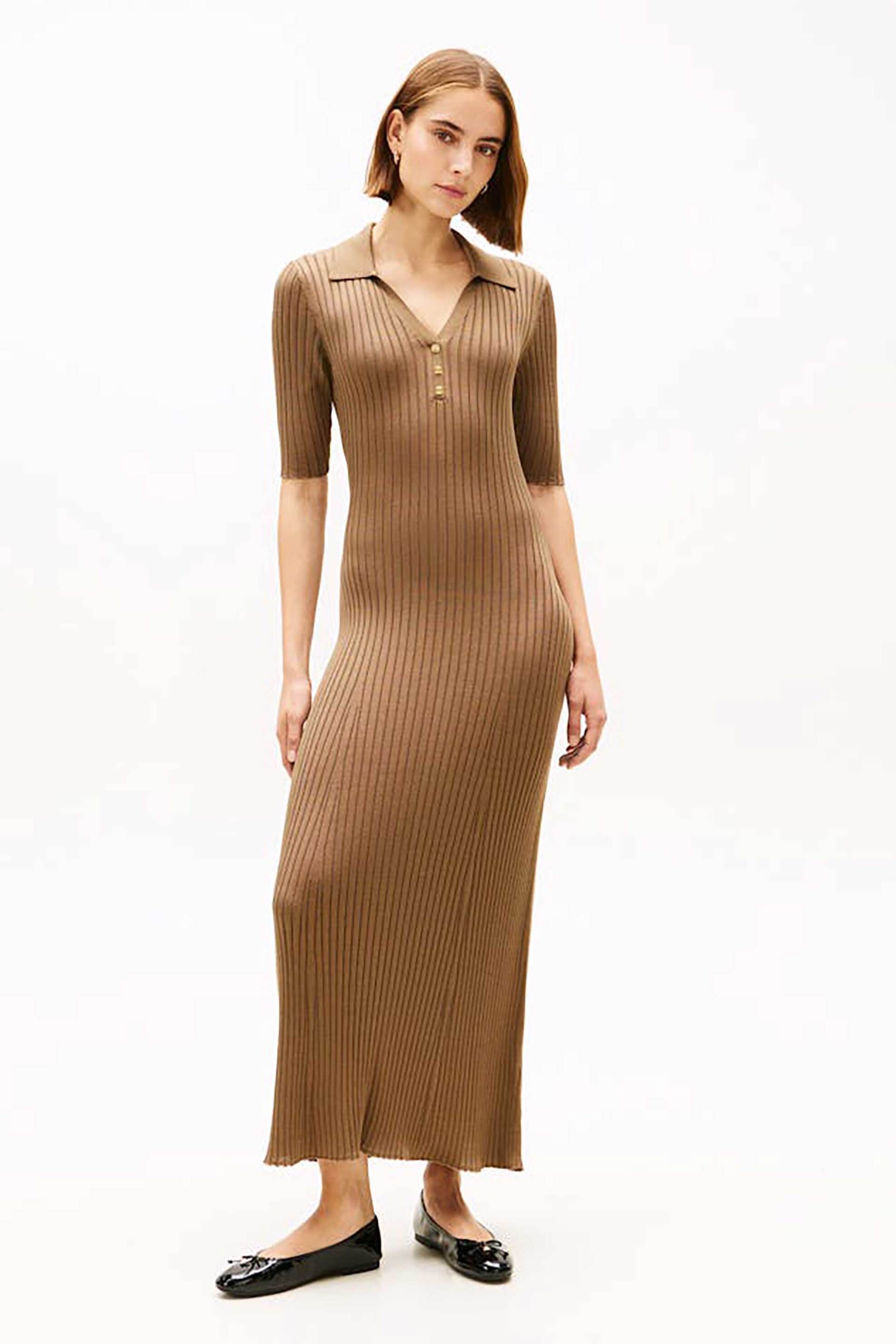 Tommy Hilfiger γυναικείο maxi φόρεμα πόλο ribbed με V Fit & Flared - WW0WW48447 Καφέ