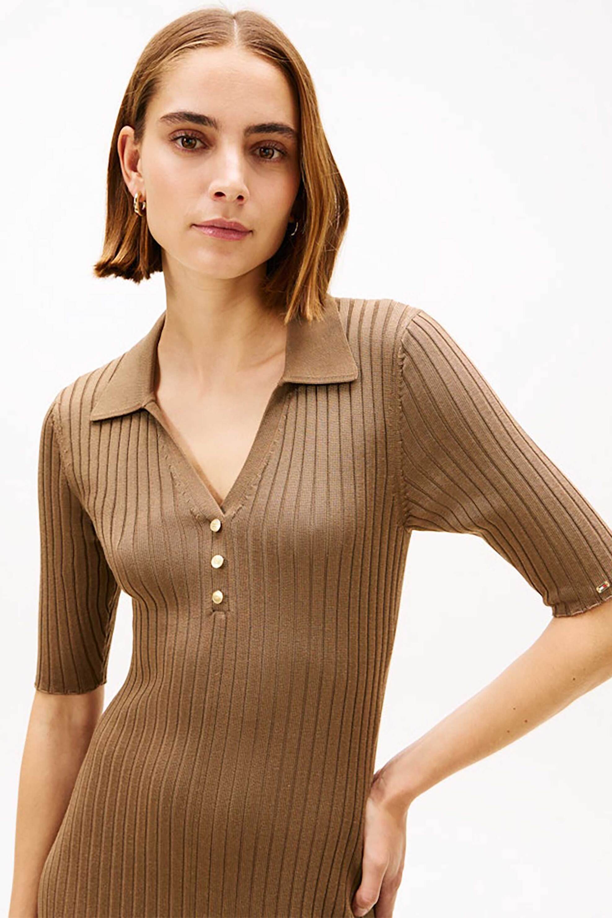 TOMMY HILFIGER Tommy Hilfiger γυναικείο maxi φόρεμα πόλο ribbed με V Fit & Flared - WW0WW48447 Καφέ - 2