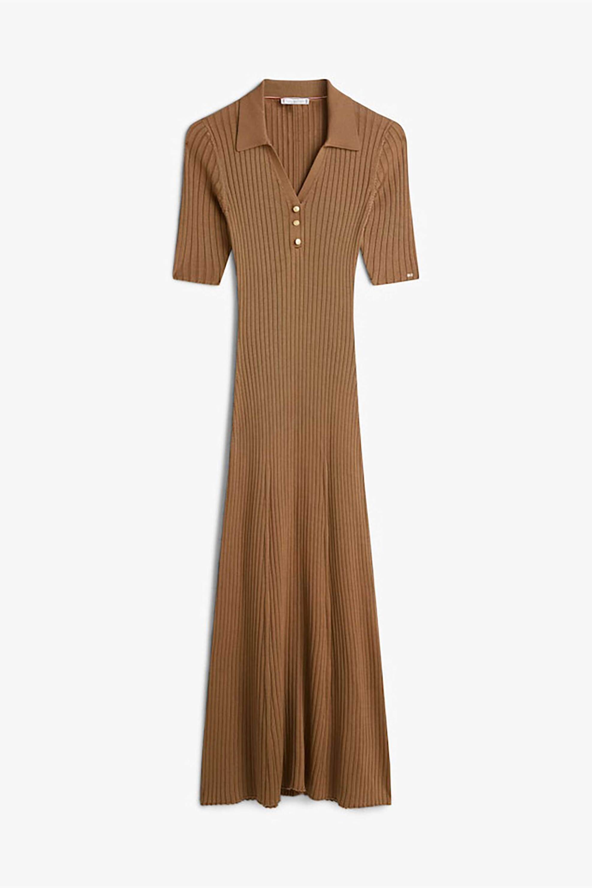 Tommy Hilfiger Γυναικείο Maxi Φόρεμα Πόλο Ribbed με V Fit Flared - Ww0Ww48447 Καφέ