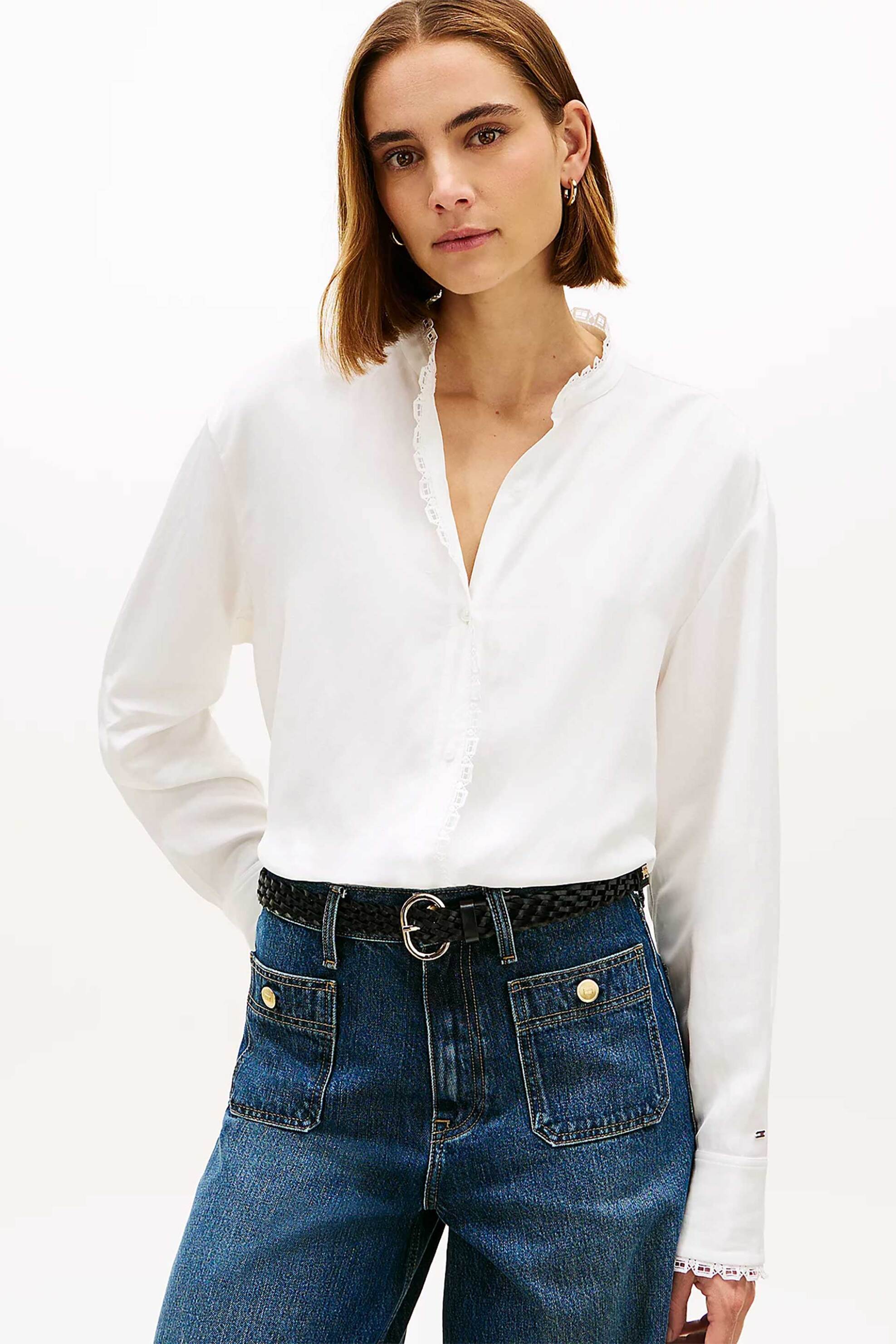 Tommy Hilfiger γυναικείο πουκάμισο με δαντέλα στα τελειώματα Oversized Fit - WW0WW48654 Εκρού