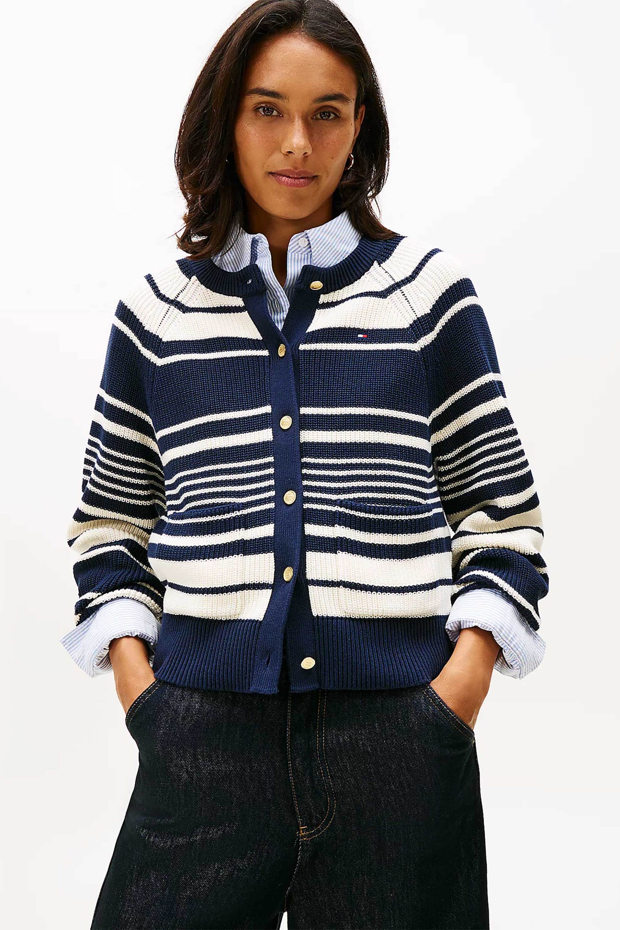 Tommy Hilfiger γυναικεία πλεκτή ζακέτα με ριγέ σχέδιο και κεντημένο logo flag Relaxed Fit - WW0WW48795 Μπλε Σκούρο