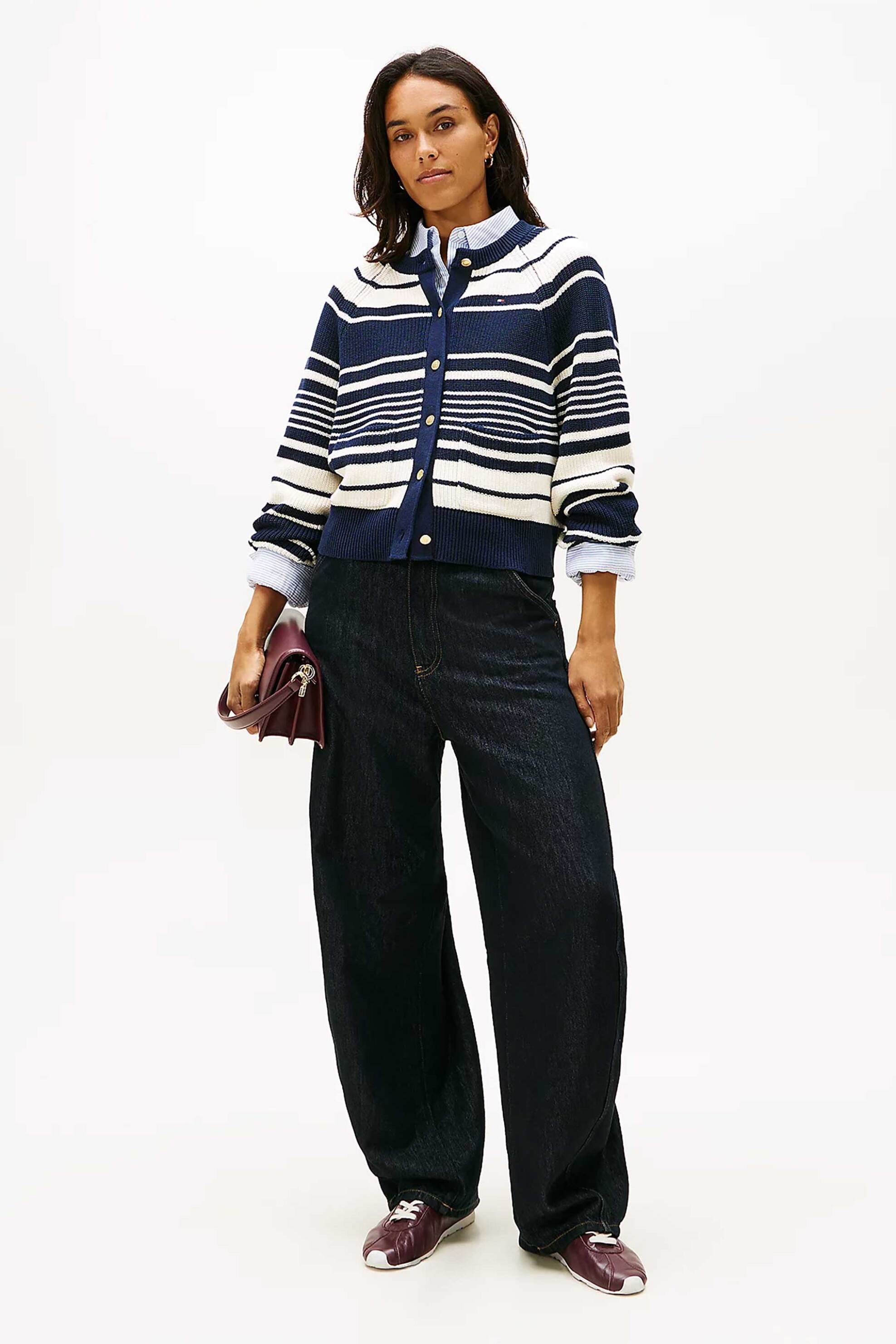 Tommy Hilfiger γυναικεία πλεκτή ζακέτα με ριγέ σχέδιο και κεντημένο logo flag Relaxed Fit - WW0WW48795 Μπλε Σκούρο φωτογραφία