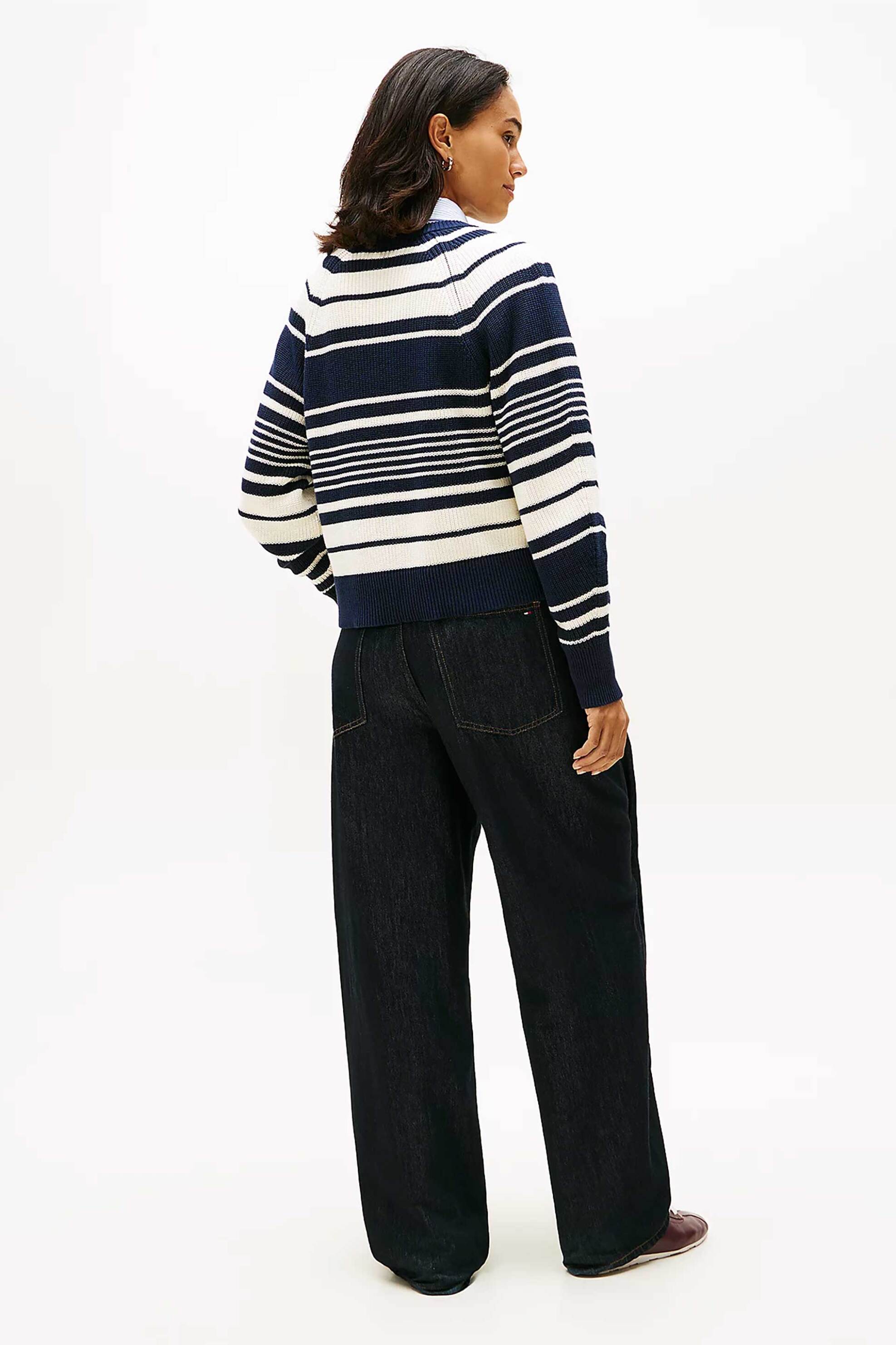 Tommy Hilfiger γυναικεία πλεκτή ζακέτα με ριγέ σχέδιο και κεντημένο logo flag Relaxed Fit - WW0WW48795 Μπλε Σκούρο φωτογραφία