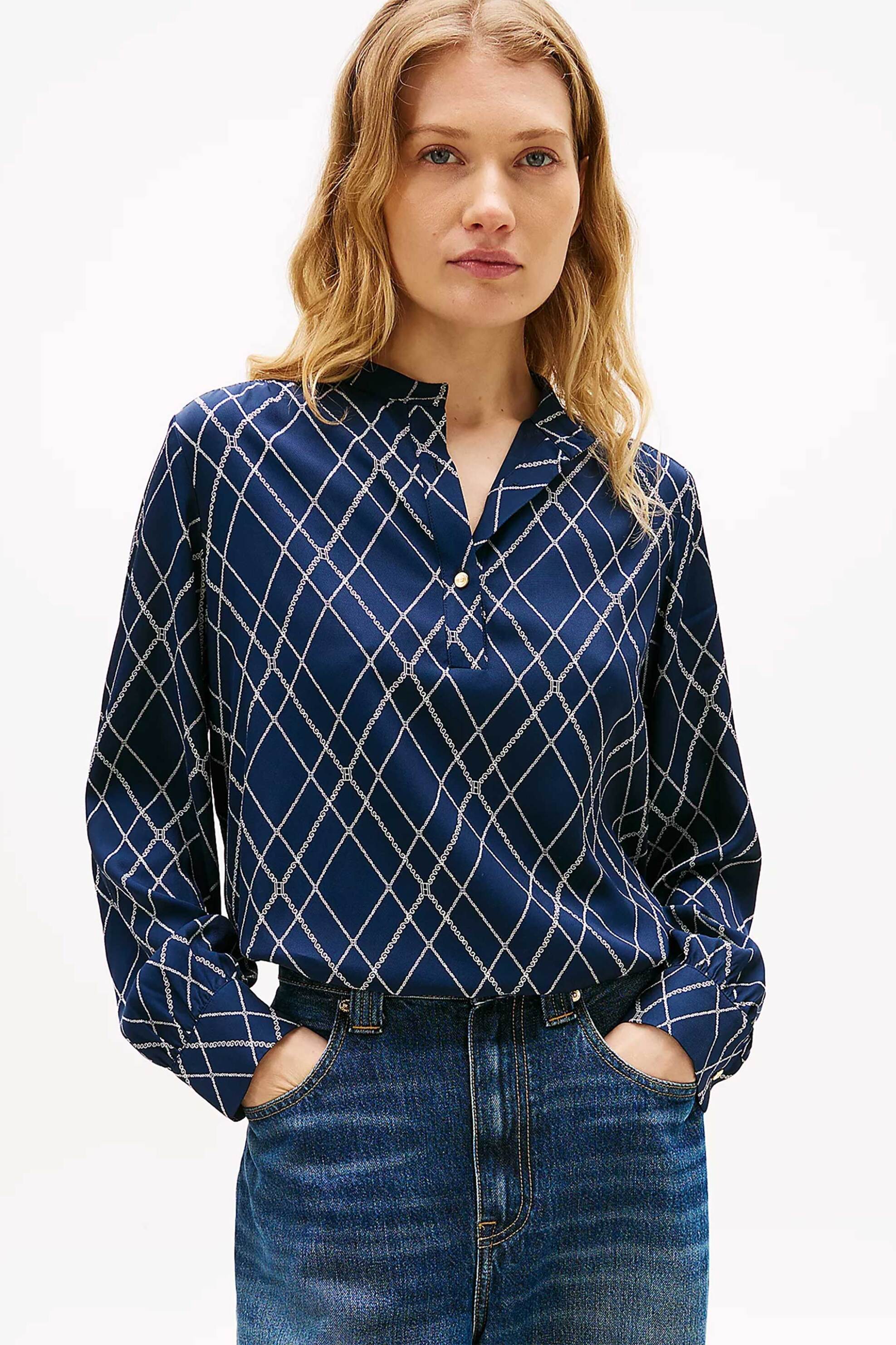 Tommy Hilfiger γυναικεία μπλούζα με geomatrical print Relaxed Fit - WW0WW48178 Μπλε Σκούρο