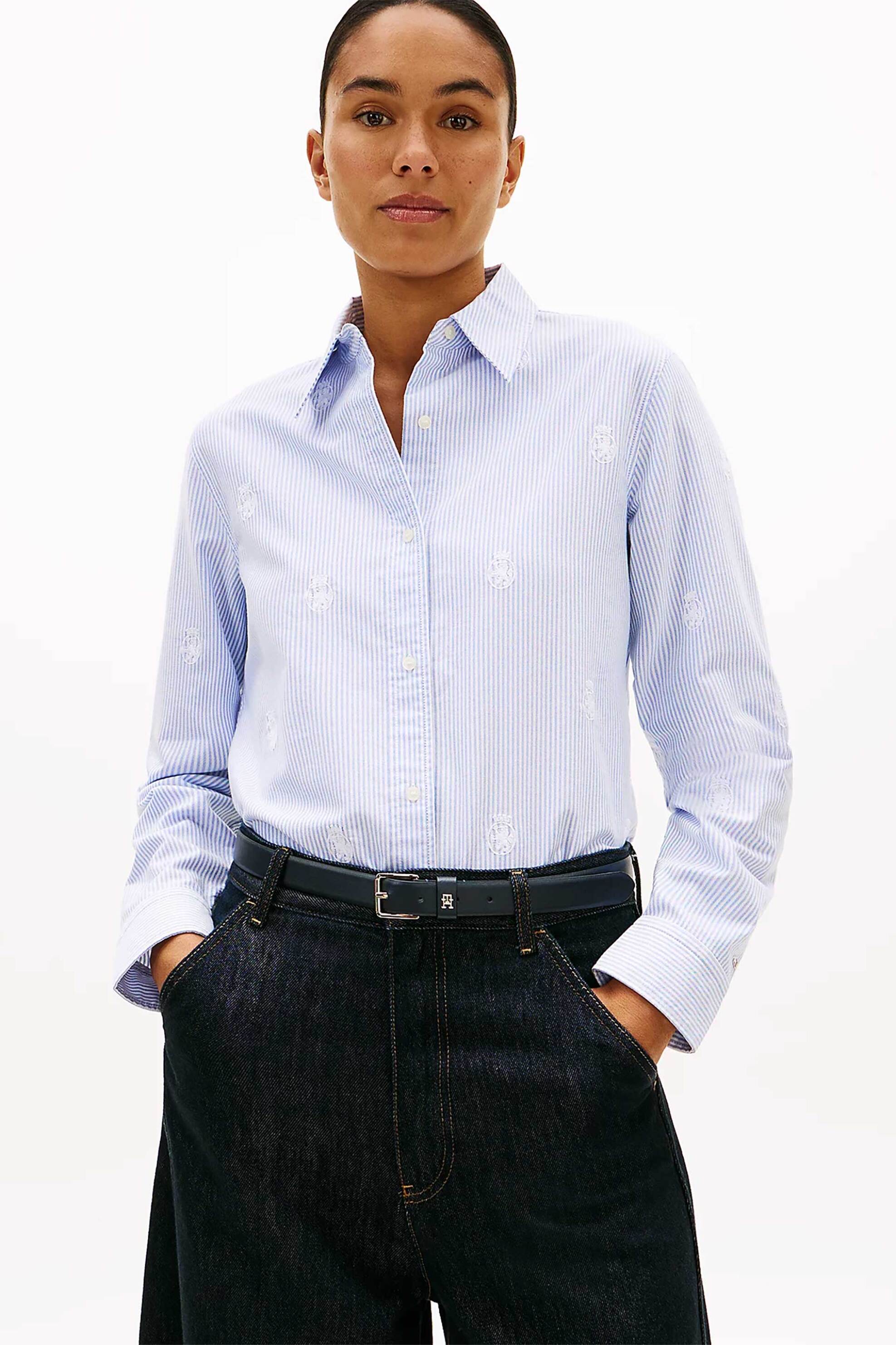 Tommy Hilfiger γυναικείο πουκάμισο με ριγέ σχέδιο και κεντημένο logo crest Relaxed Fit - WW0WW49386 Μπλε Ανοιχτό