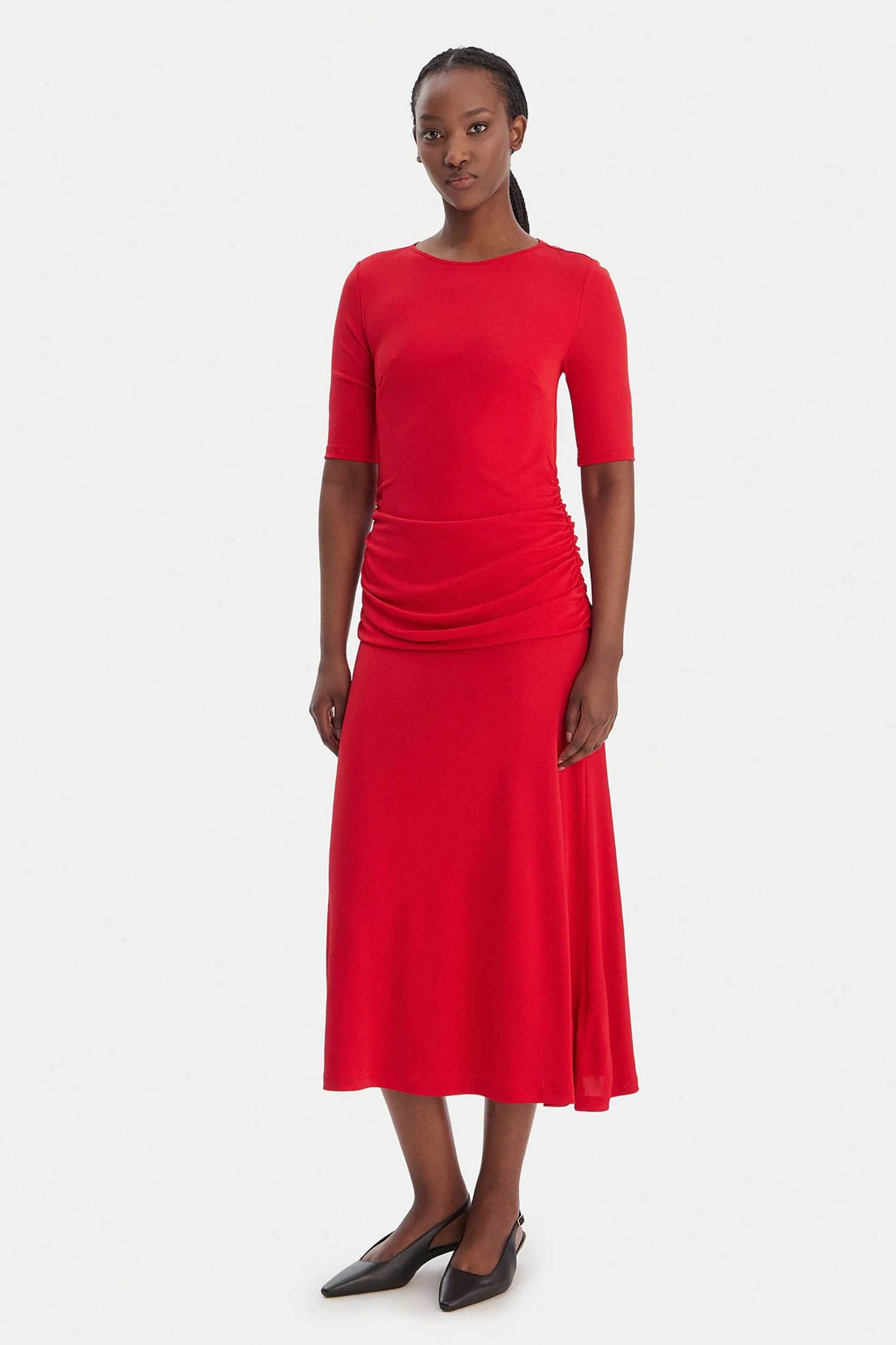 Tommy Hilfiger γυναικείο midi φόρεμα με σούρες στη μέση και μανίκι 3/4 Slim Fit - WW0WW47872 Κόκκινο