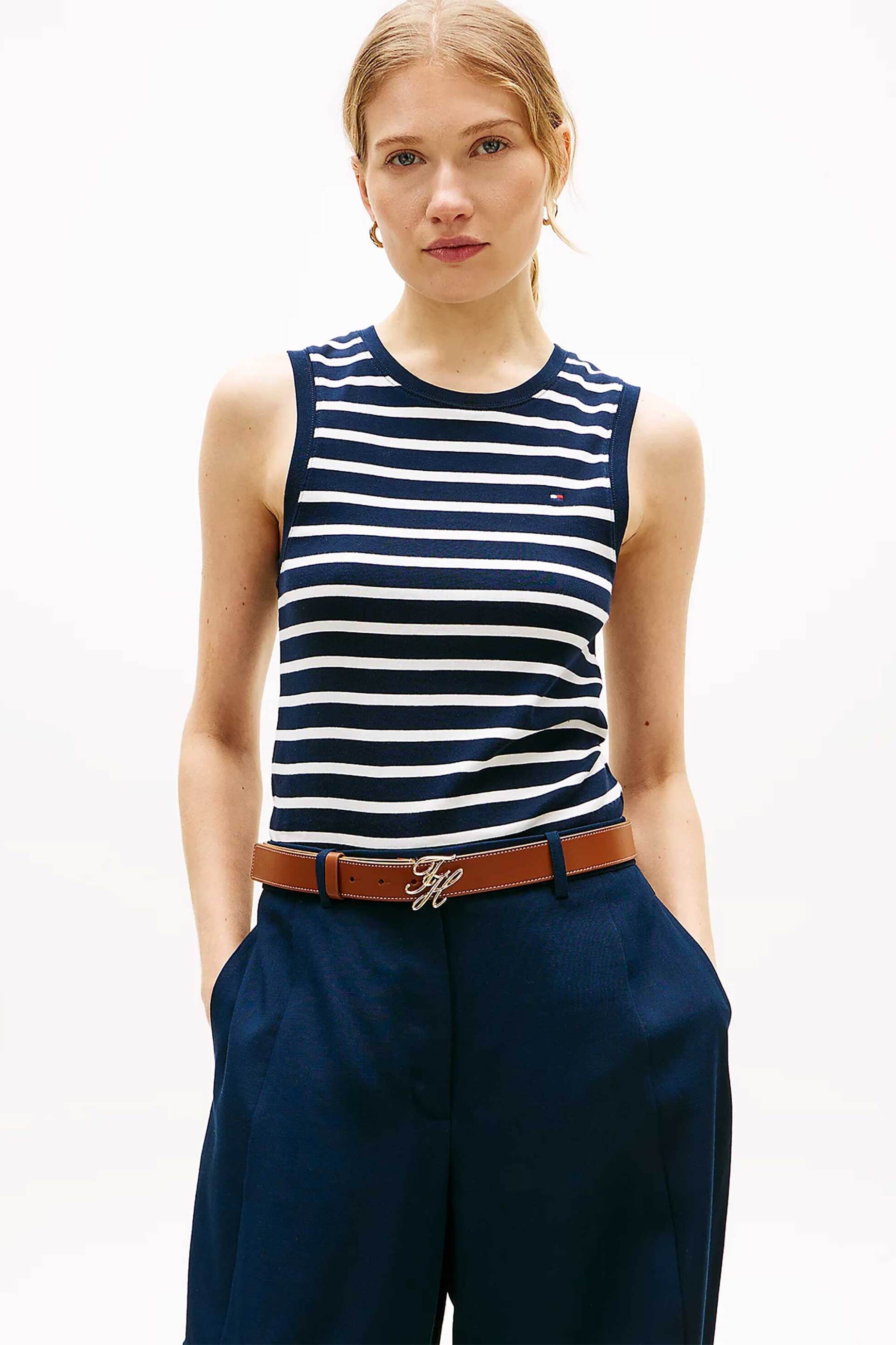 Tommy Hilfiger γυναικείο αμάνικο τοπ με κεντημένο λογότυπο Slim Fit - WW0WW47806 Λευκό - Μπλε