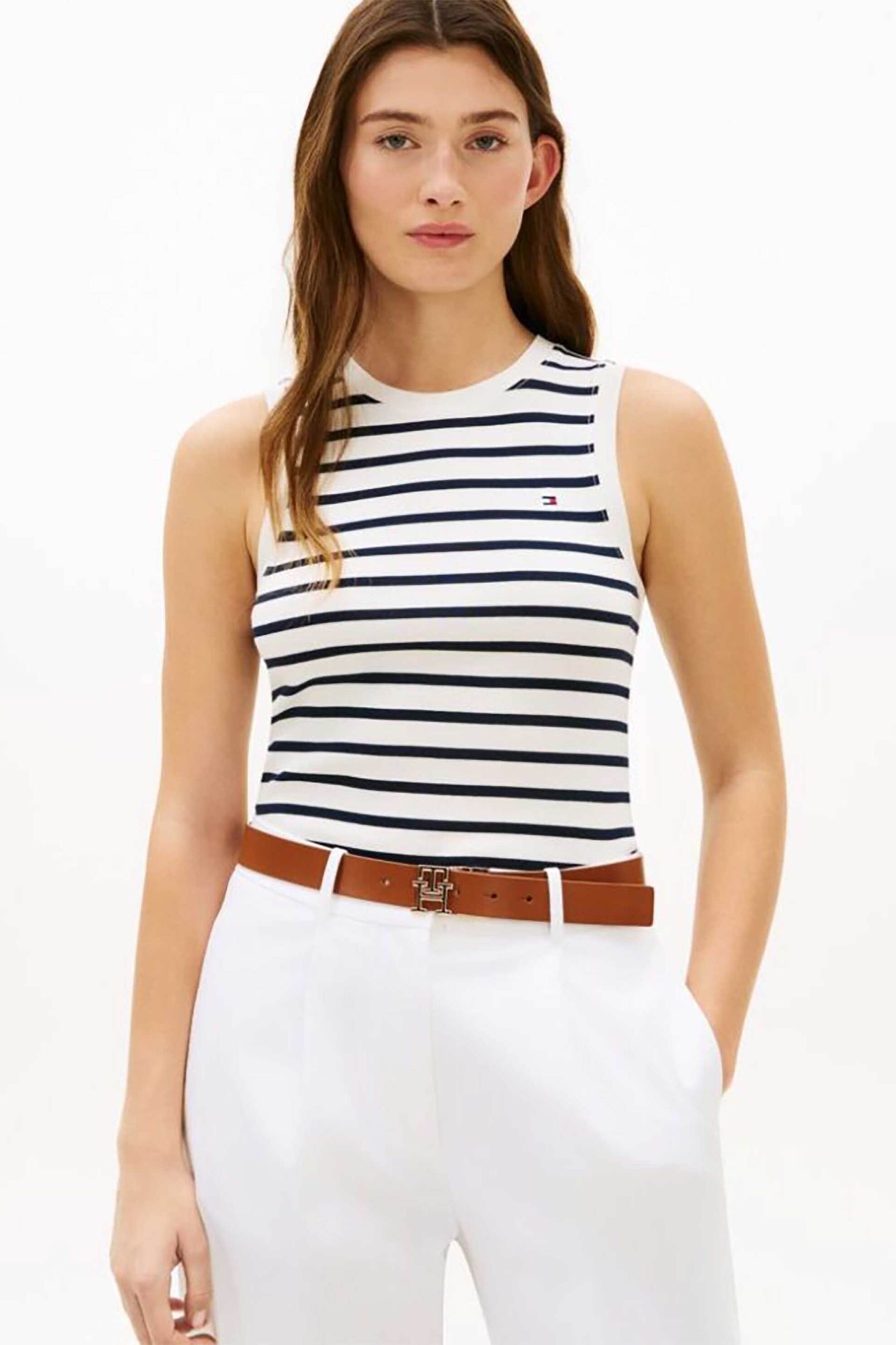 Tommy Hilfiger γυναικείο αμάνικο τοπ με κεντημένο λογότυπο Slim Fit - WW0WW47806 Εκρού