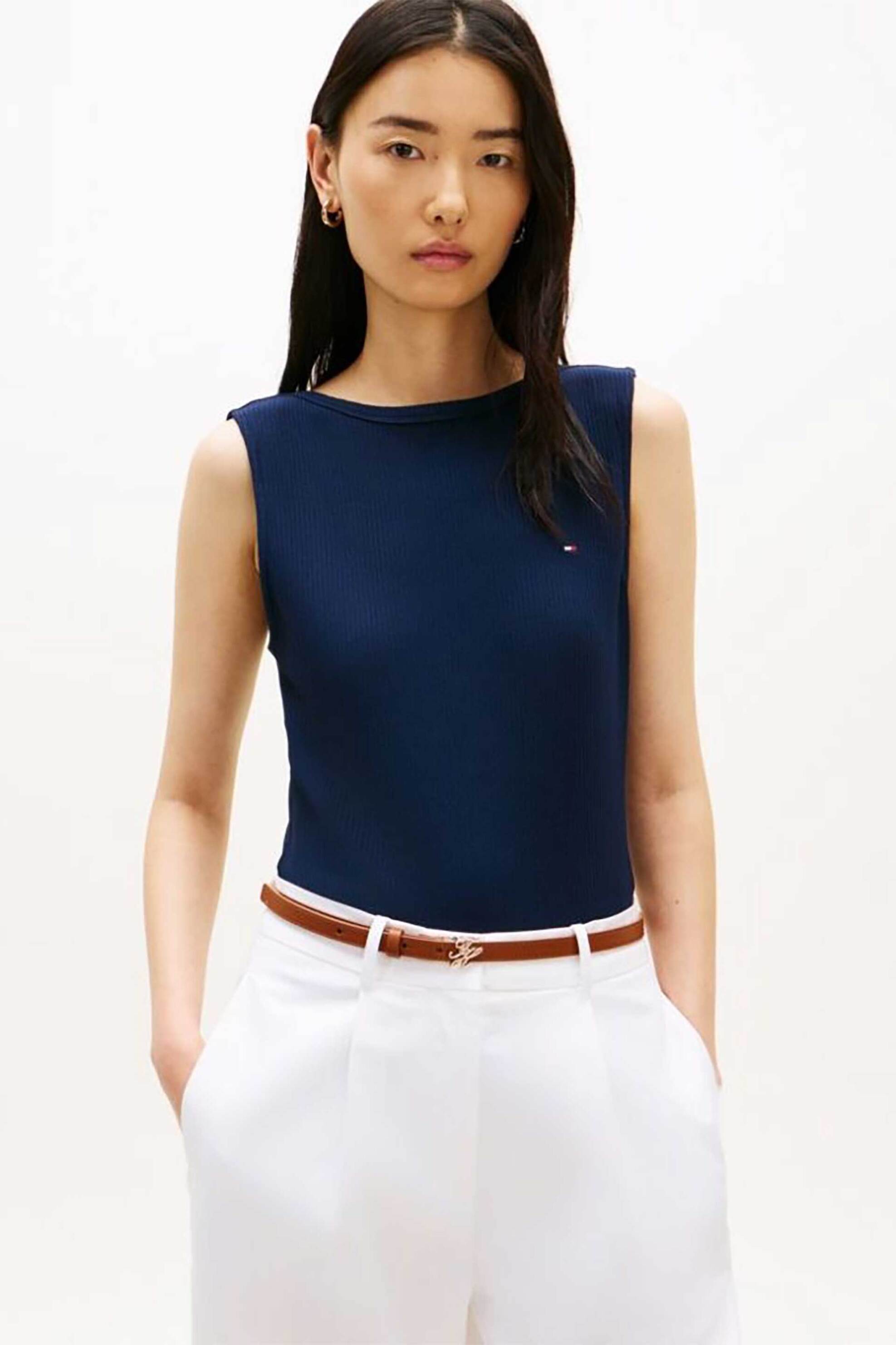 Tommy Hilfiger γυναικεία αμάνικη μπλούζα ribbed με κεντημένο λογότυπο Slim Fit - WW0WW47807 Μπλε Σκούρο