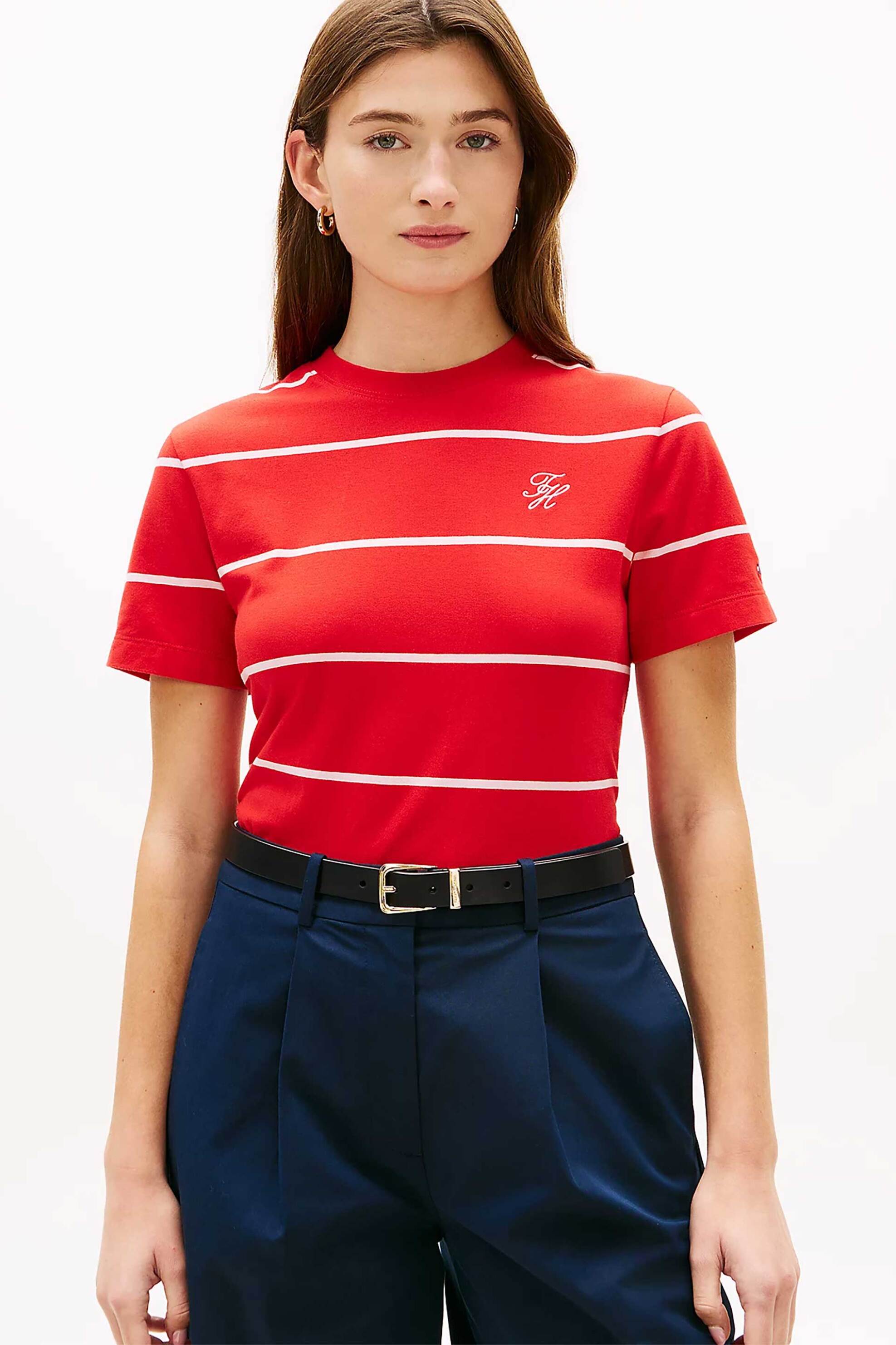 Tommy Hilfiger γυναικείο T-shirt με κεντημένο monogram Regular Fit - WW0WW48699 Κόκκινο