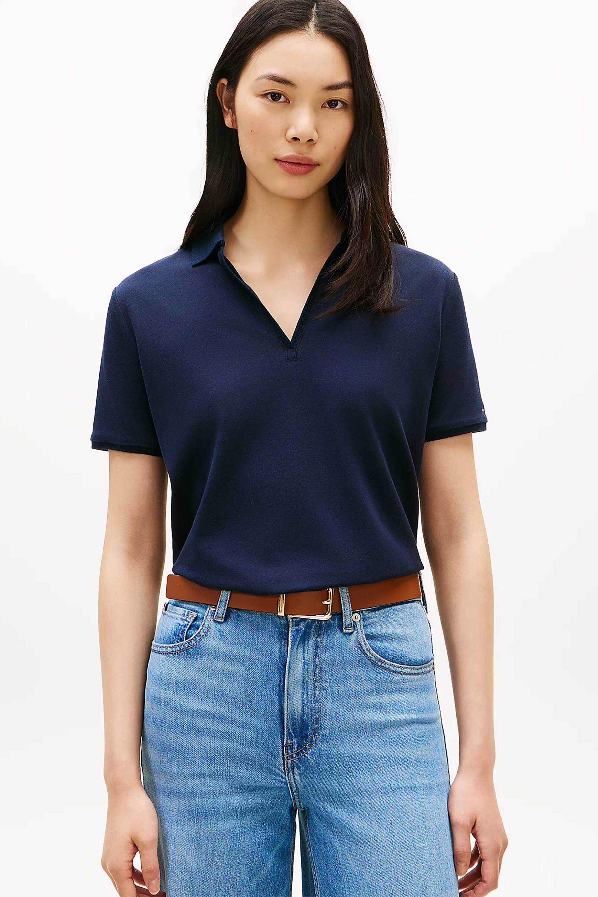 TOMMY HILFIGER Tommy Hilfiger γυναικεία μπλούζα πόλο πικέ με V Relaxed Fit - WW0WW48720 Μπλε Σκούρο