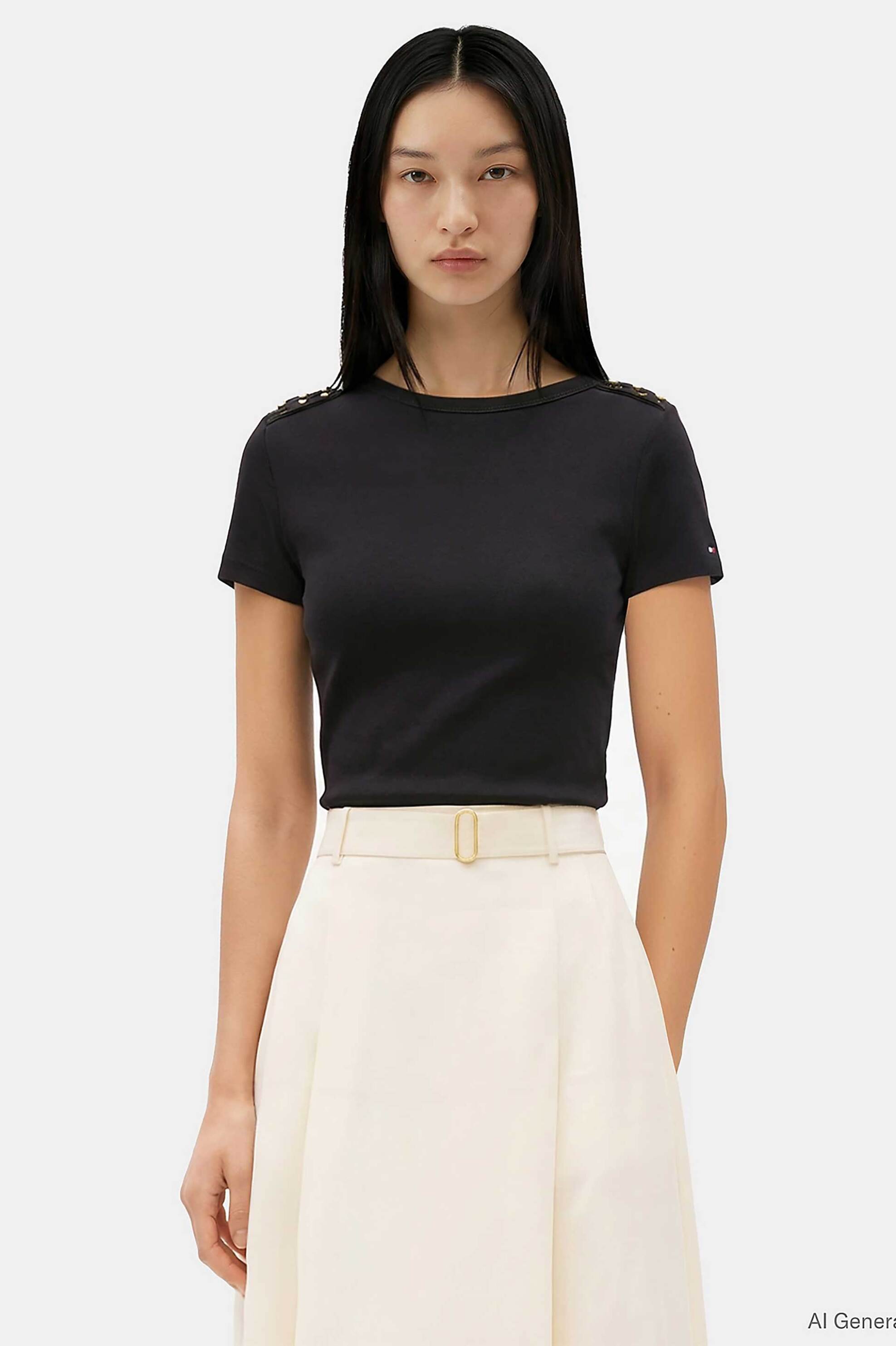 Tommy Hilfiger γυναικείο T-shirt με διακοσμητικά κουμπιά στους ώμους Slim Fit - WW0WW49250 Μαύρο