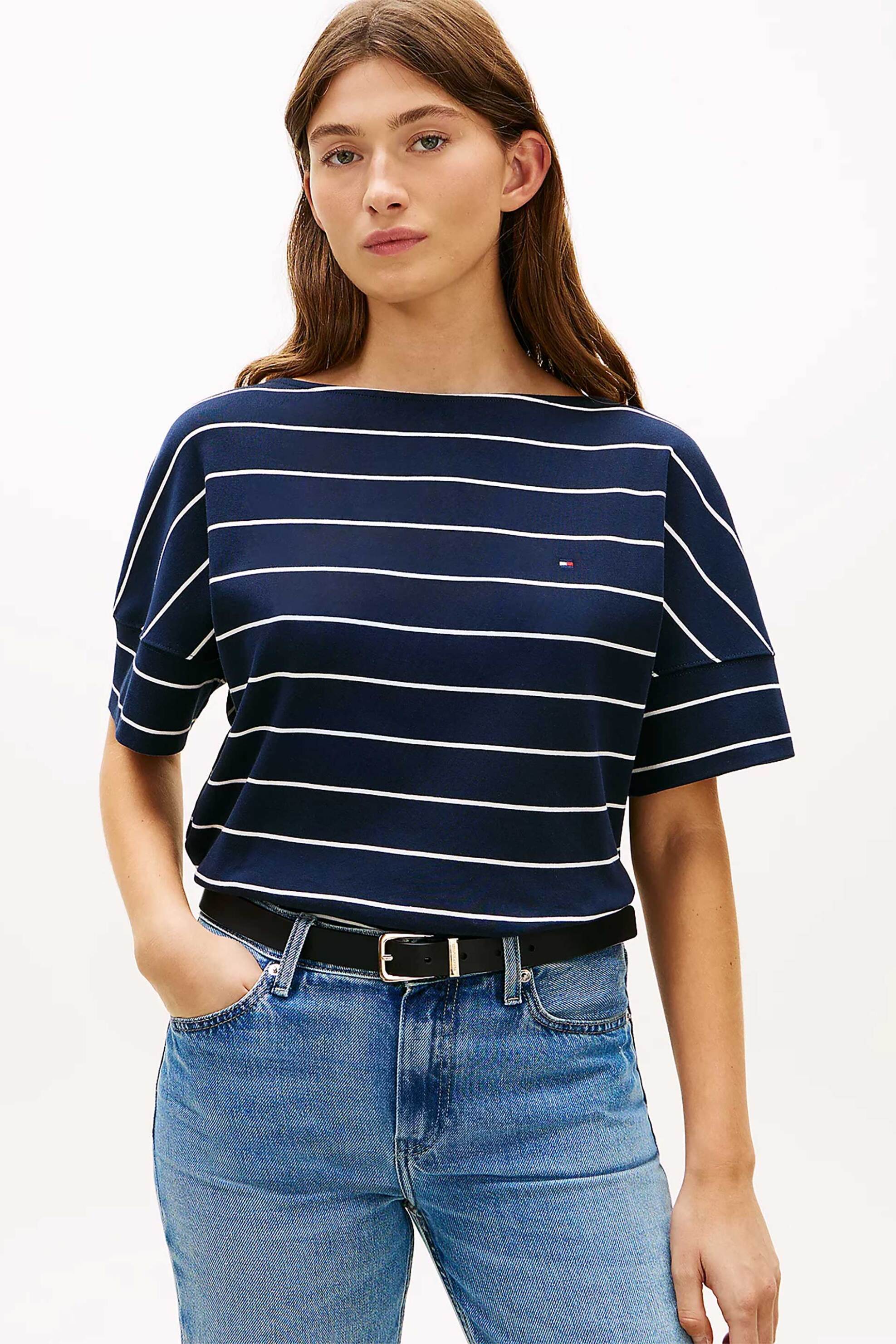 Tommy Hilfiger γυναικείο T-shirt με ριγέ σχέδιο και κεντημένο λογότυπο Relaxed Fit - WW0WW49723 Μπλε Σκούρο