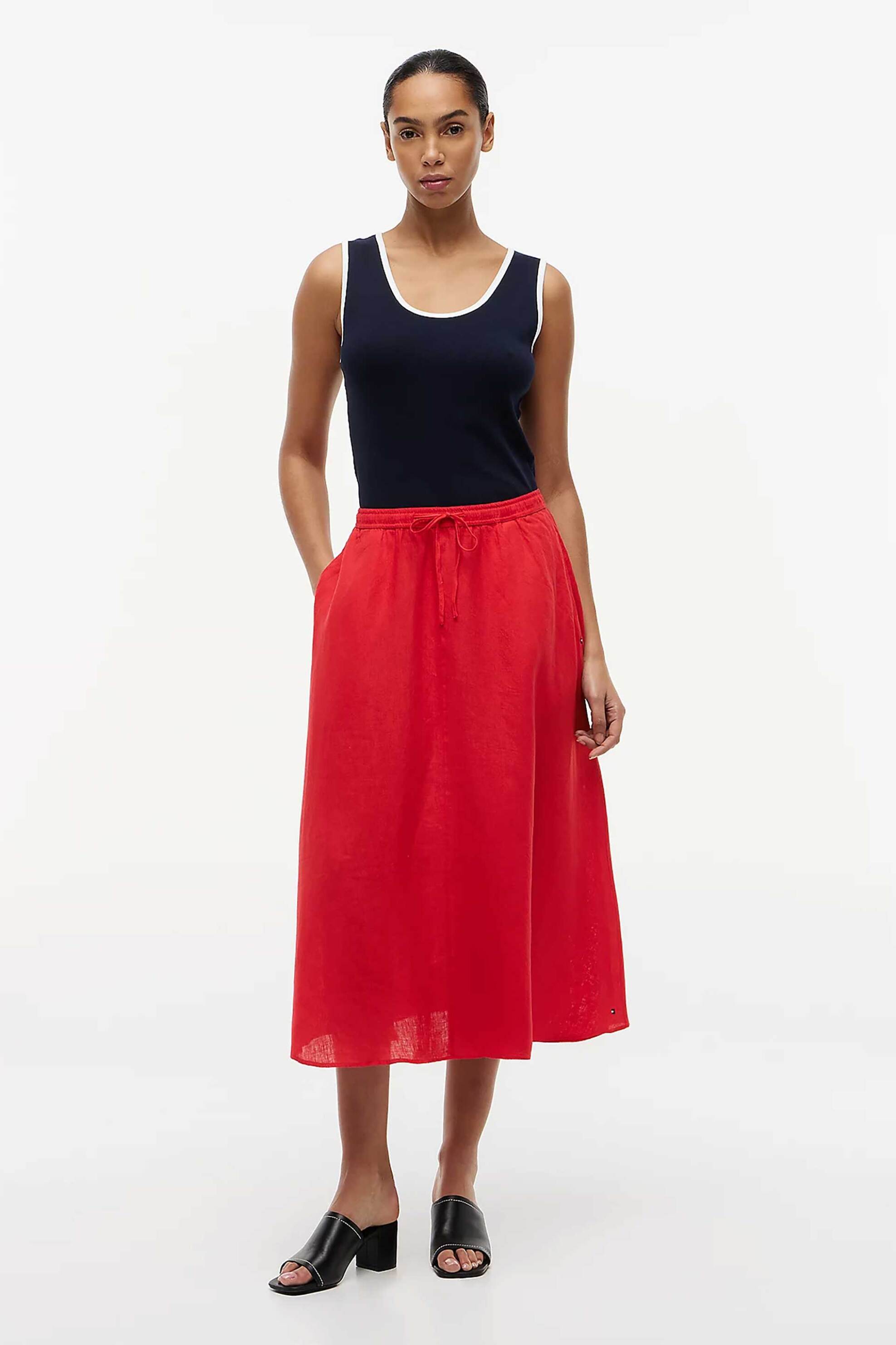 Tommy Hilfiger γυναικεία λινή midi φούστα μονόχρωμη A-line - WW0WW50753 Κόκκινο