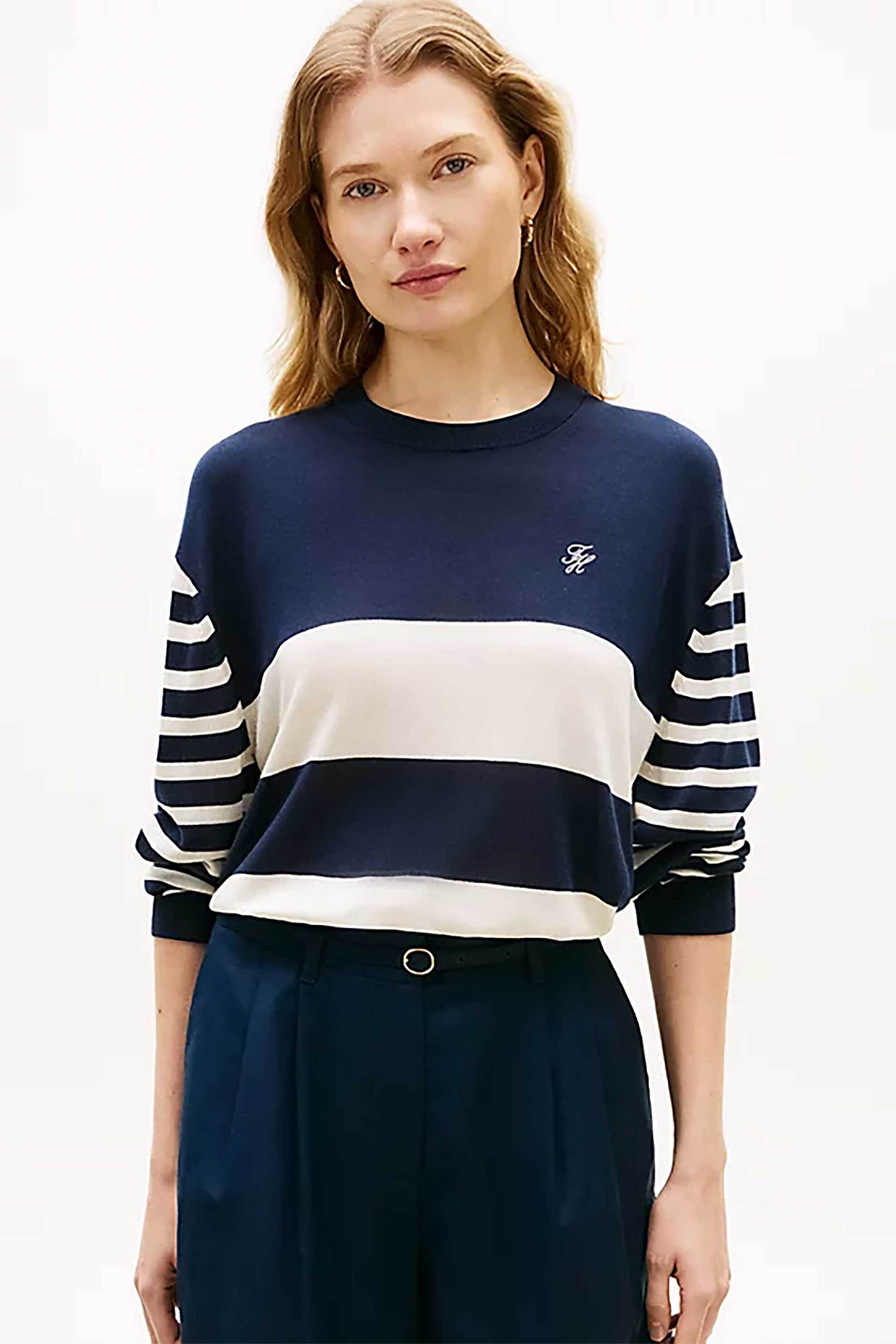 TOMMY HILFIGER Tommy Hilfiger γυναικείο πουλόβερ με ριγέ σχέδιο και κεντημένο logo Regular Fit - WW0WW48501 Σκούρο Μπλε