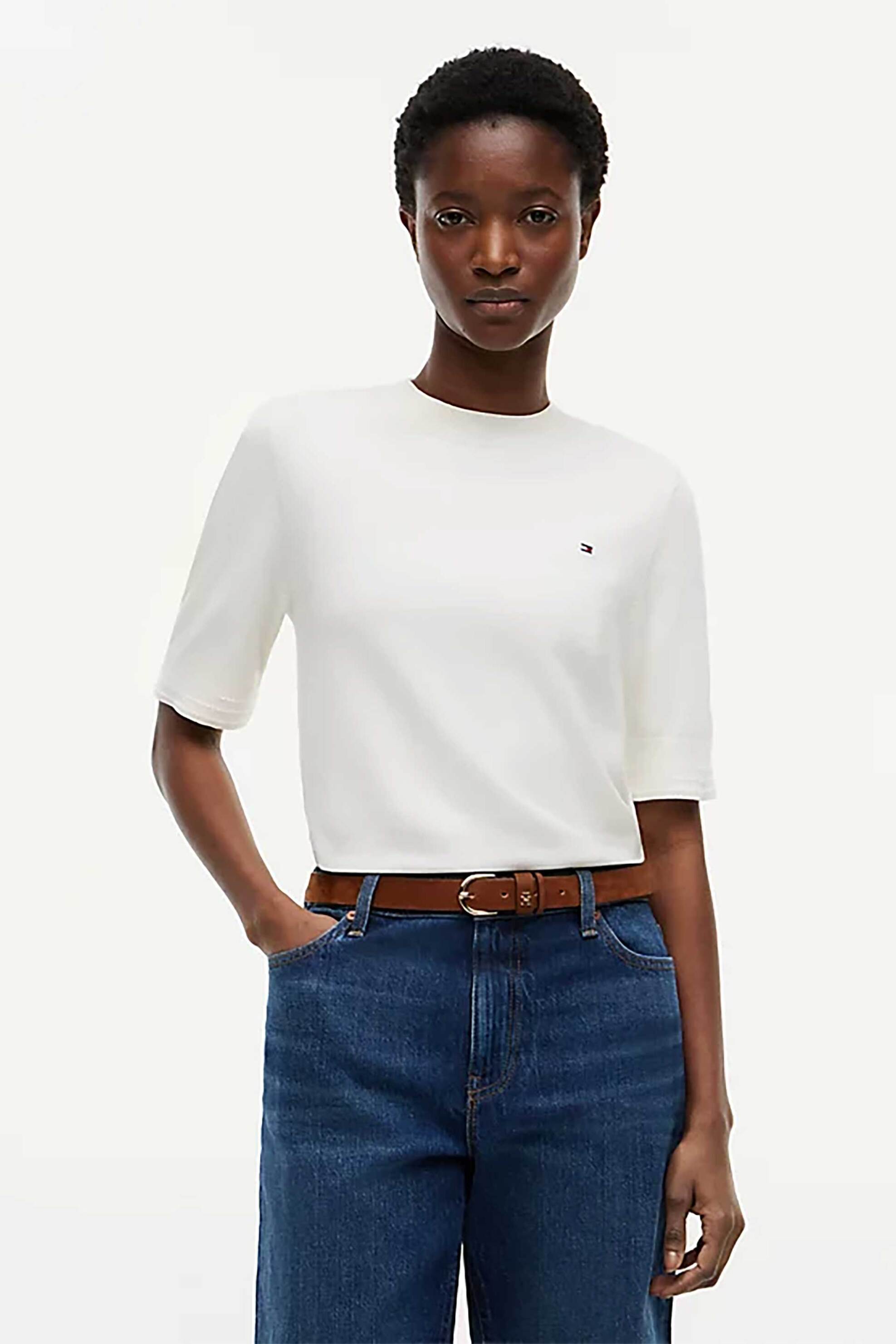 TOMMY HILFIGER Tommy Hilfiger γυναικείο πουλόβερ με ριγέ σχέδιο και κεντημένο logo Regular Fit - WW0WW49705 Μπεζ