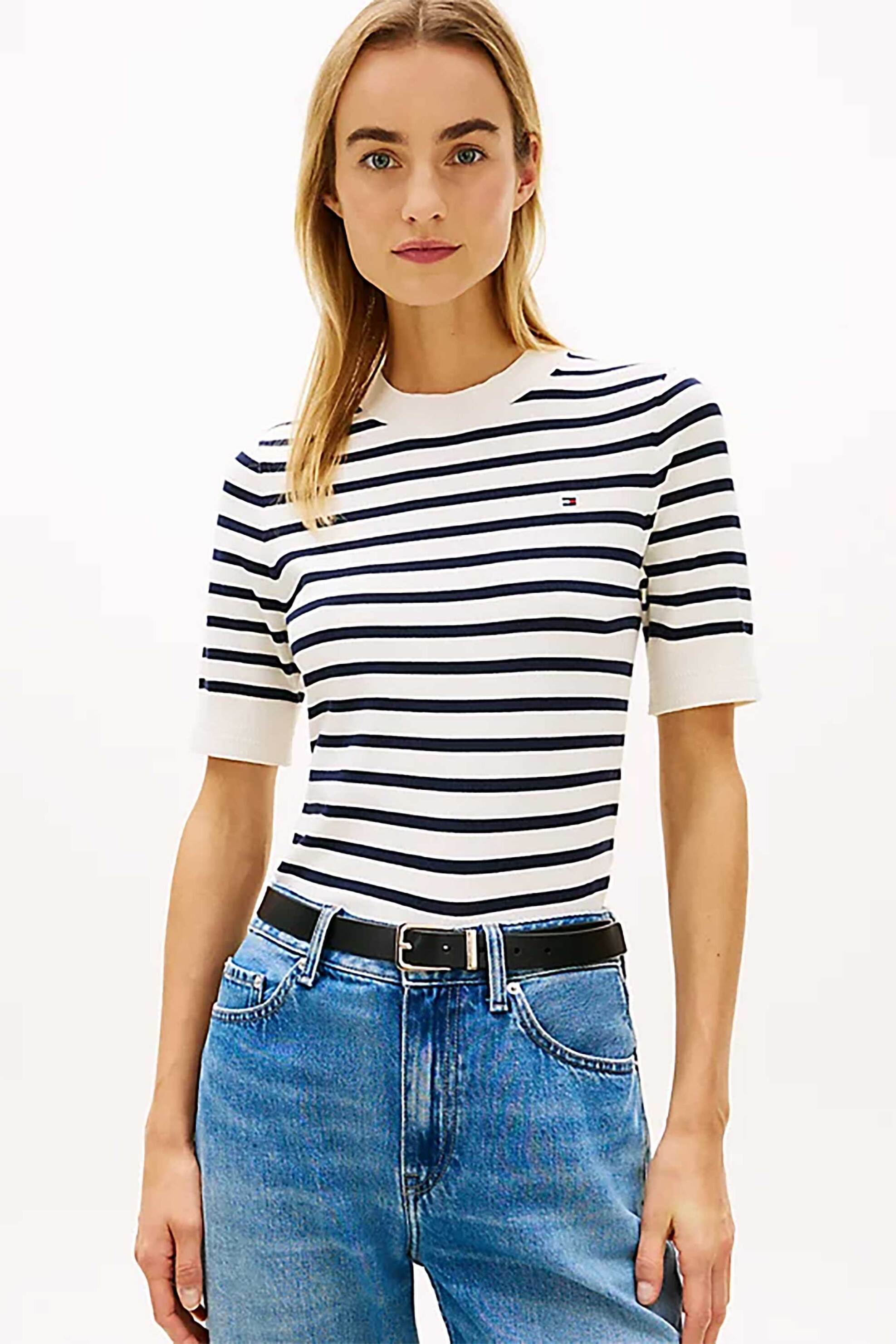 TOMMY HILFIGER Tommy Hilfiger γυναικείο πουλόβερ με ριγέ σχέδιο και κεντημένο logo Regular Fit - WW0WW49705 Ασπρόμαυρο