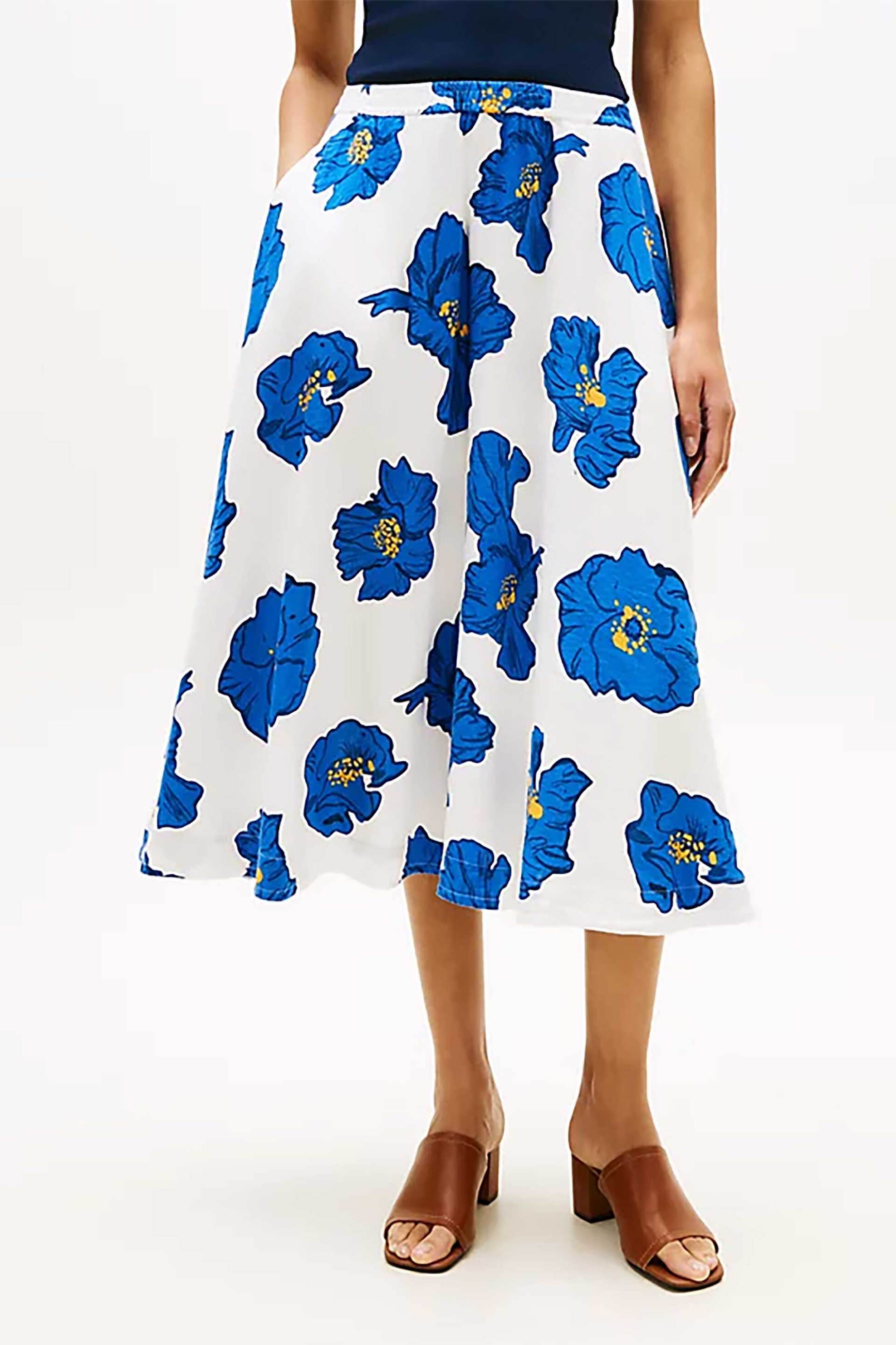 TOMMY HILFIGER Tommy Hilfiger γυναικεία midi φούστα με κεντημένο floral σχέδιο A-line - WW0WW48966 Λευκό - Μπλε - 2