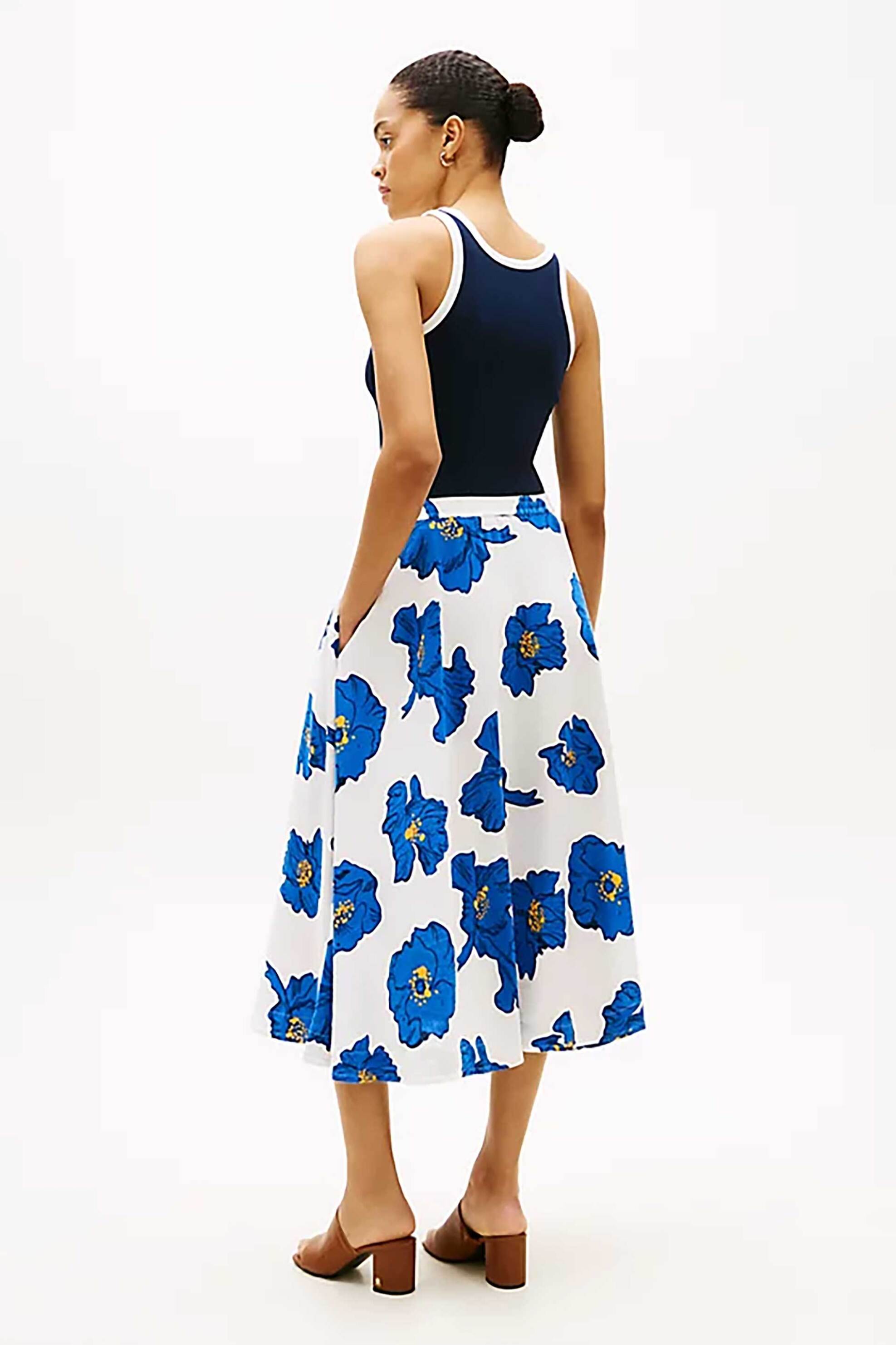 TOMMY HILFIGER Tommy Hilfiger γυναικεία midi φούστα με κεντημένο floral σχέδιο A-line - WW0WW48966 Λευκό - Μπλε - 3