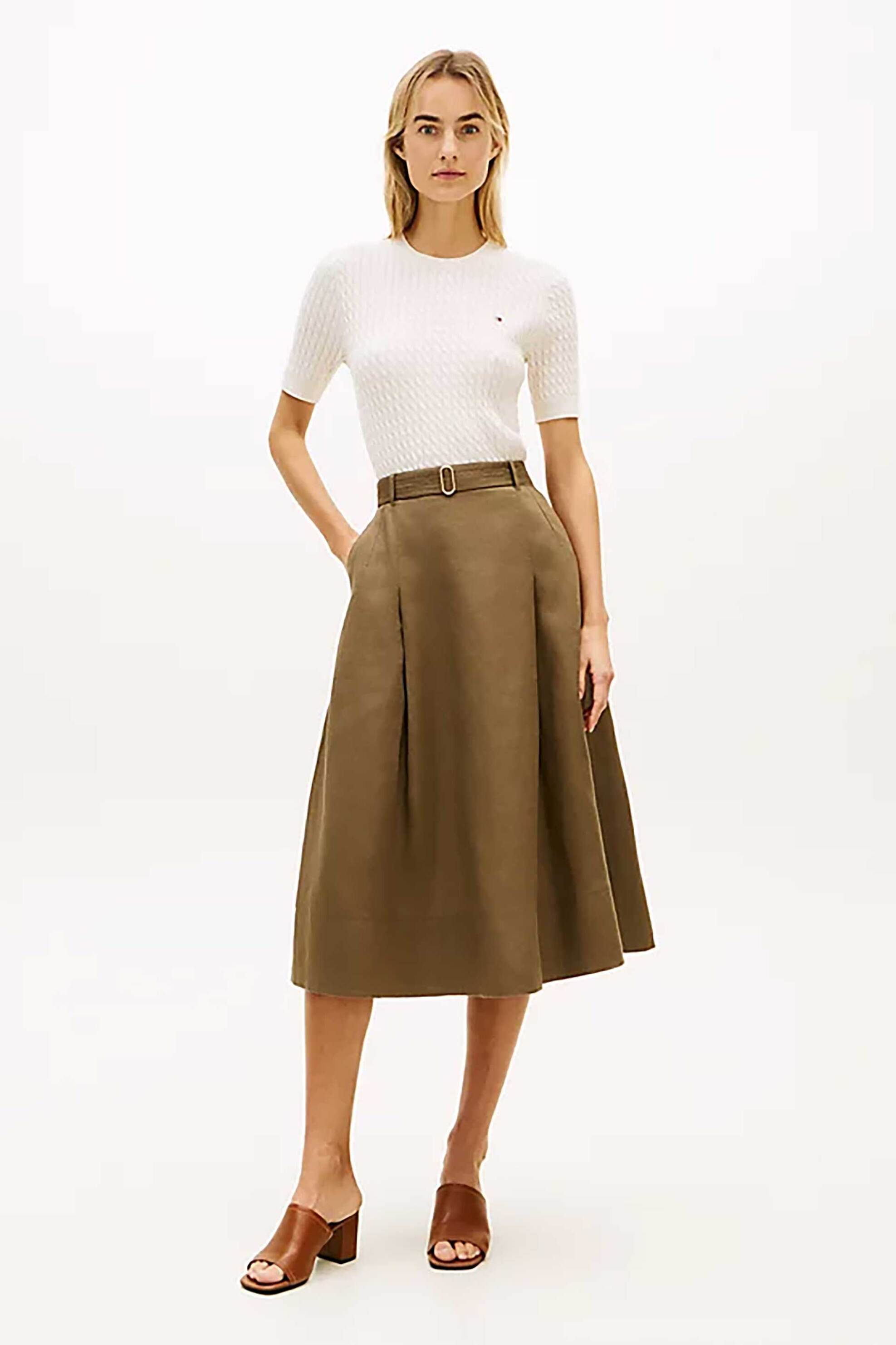 TOMMY HILFIGER Tommy Hilfiger γυναικεία midi φούστα με ζώνη A-line - WW0WW49651 Λαδί