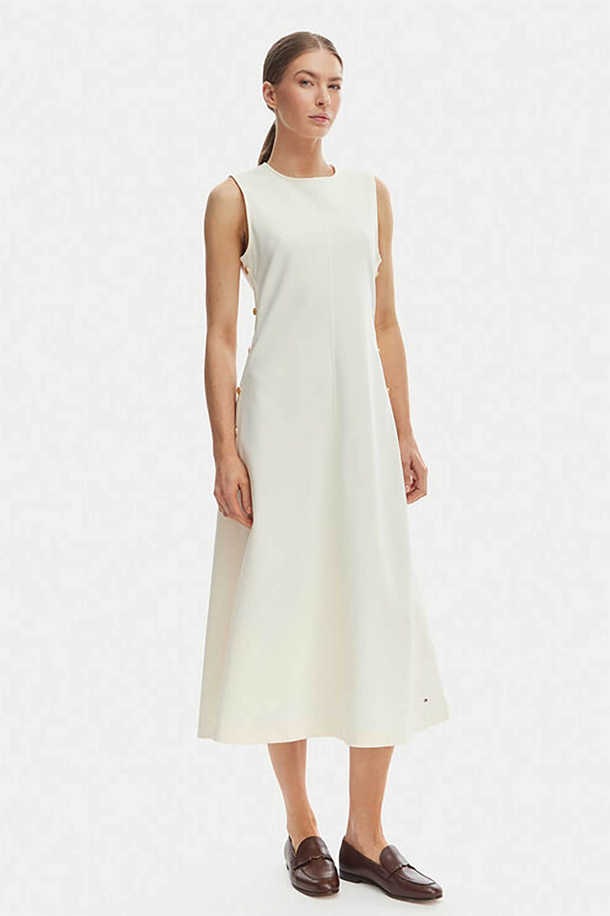 TOMMY HILFIGER Tommy Hilfiger γυναικείο αμάνικο midi φόρεμα μονόχρωμο με χρυσά κουμπιά - WW0WW48774 Κρέμ