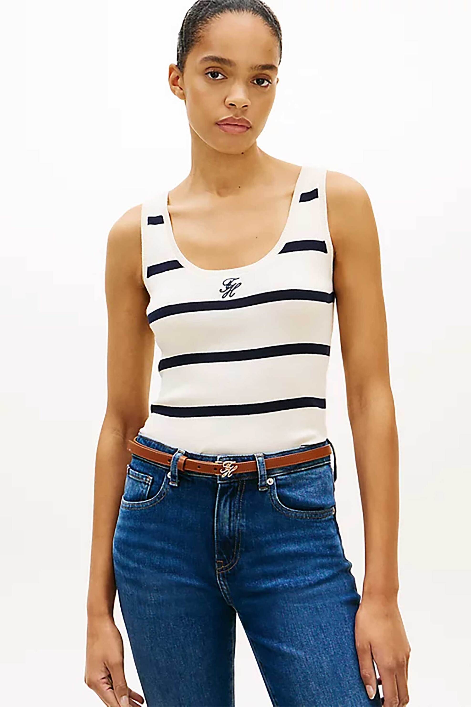 Tommy Hilfiger γυναικείο αμάνικο τοπ με ριγέ σχέδιο και κεντημένο λογότυπο Slim Fit - WW0WW48480 Ασπρόμαυρο