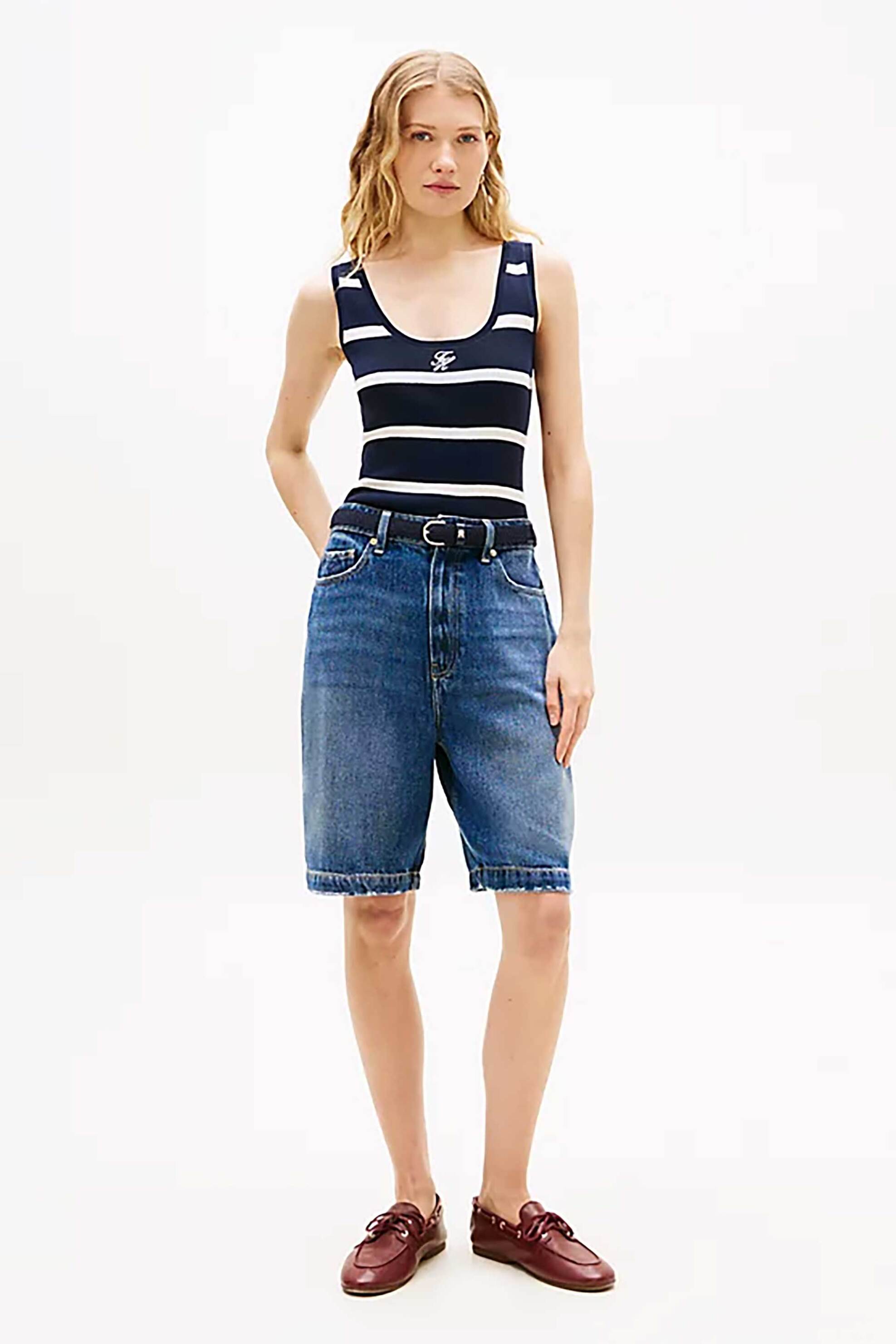 Tommy Hilfiger γυναικείο αμάνικο τοπ με ριγέ σχέδιο και κεντημένο λογότυπο Slim Fit - WW0WW48480 Σκούρο Μπλε