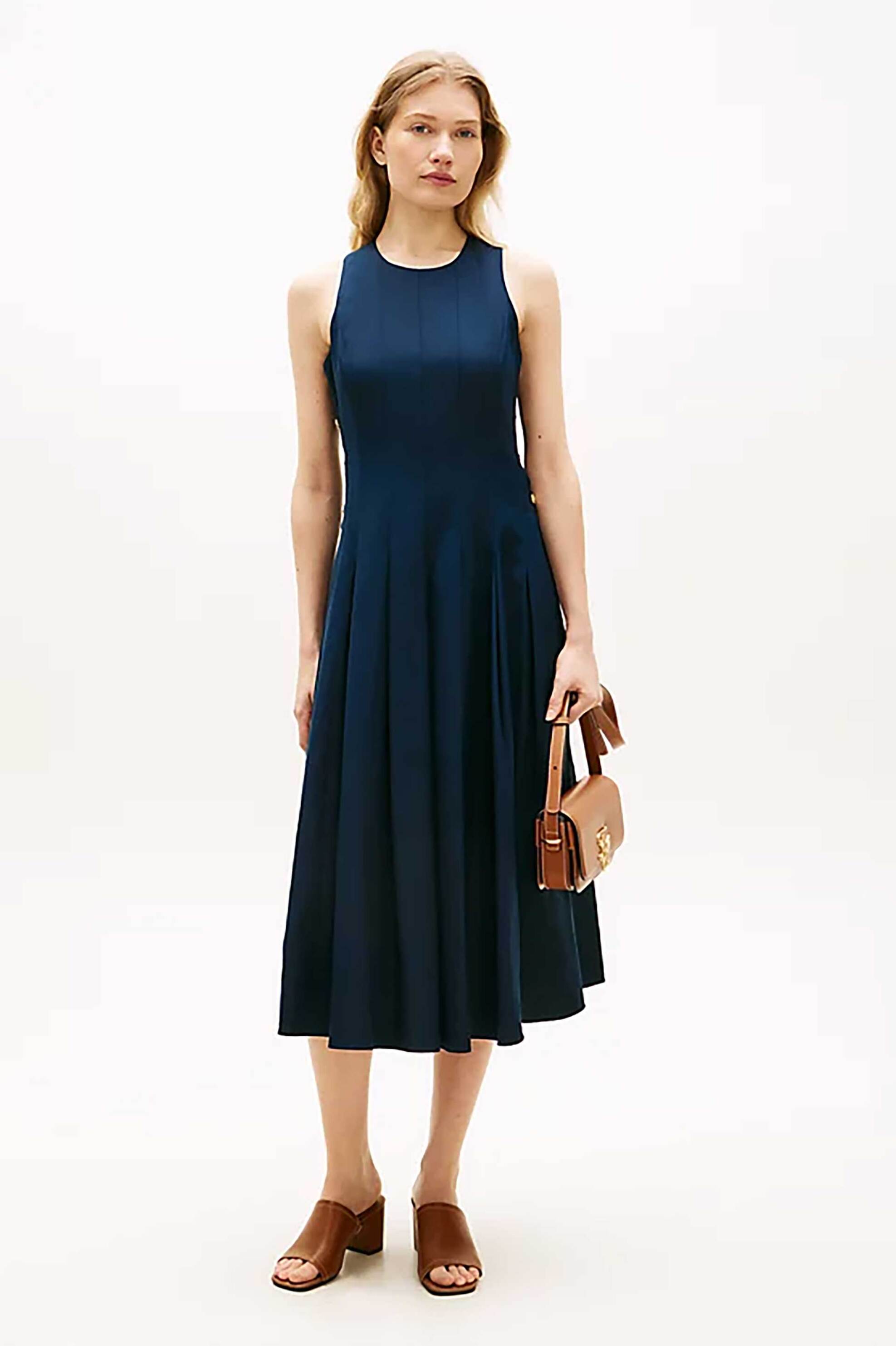 TOMMY HILFIGER Tommy Hilfiger γυναικείο midi φόρεμα μονόχρωμο με χρυσά κουμπιά - WW0WW49055 Μπλε Σκούρο