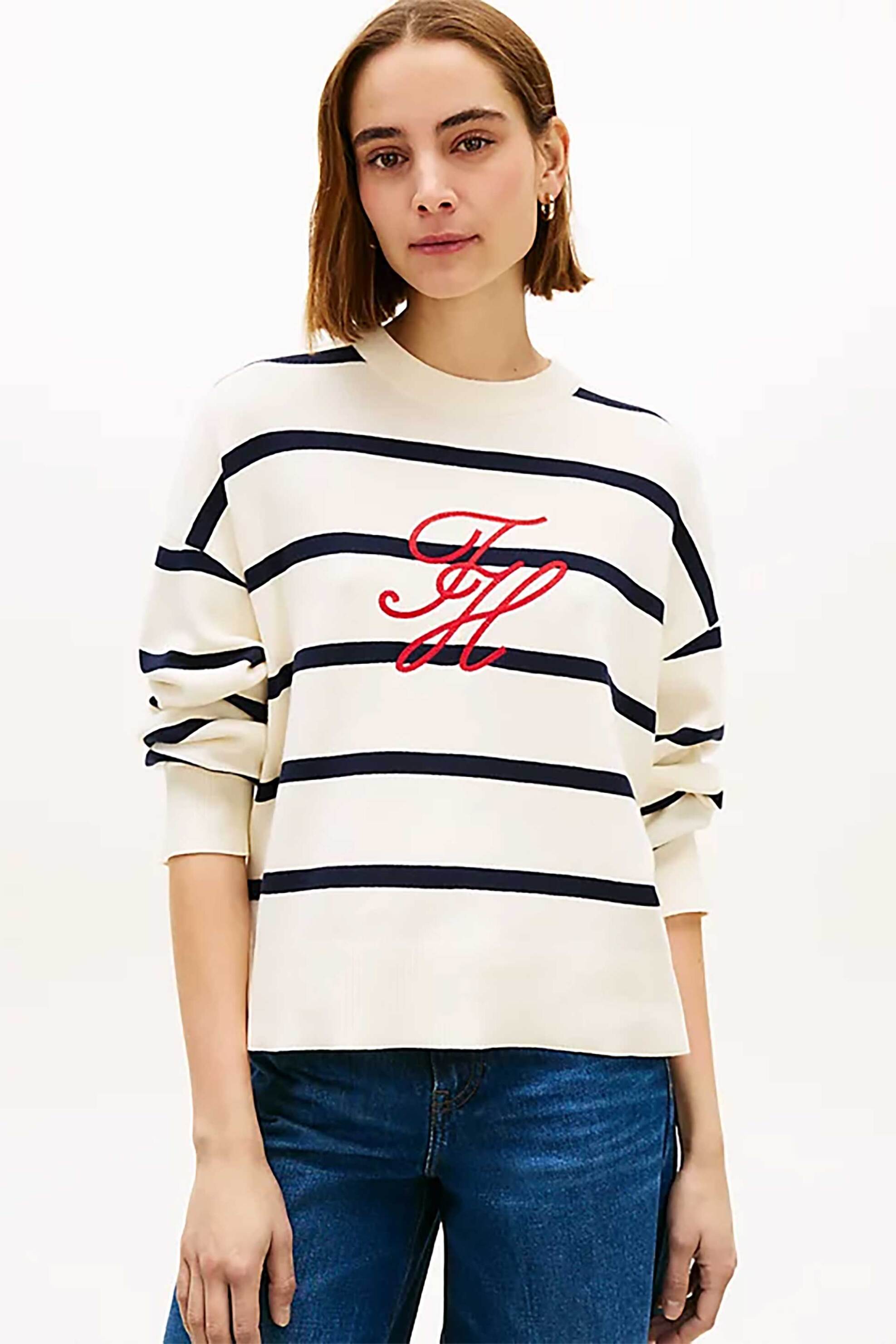 TOMMY HILFIGER Tommy Hilfiger γυναικείο πουλόβερ με ριγέ σχέδιο και κεντημένο logo Relaxed Fit - WW0WW49768 Ασπρόμαυρο