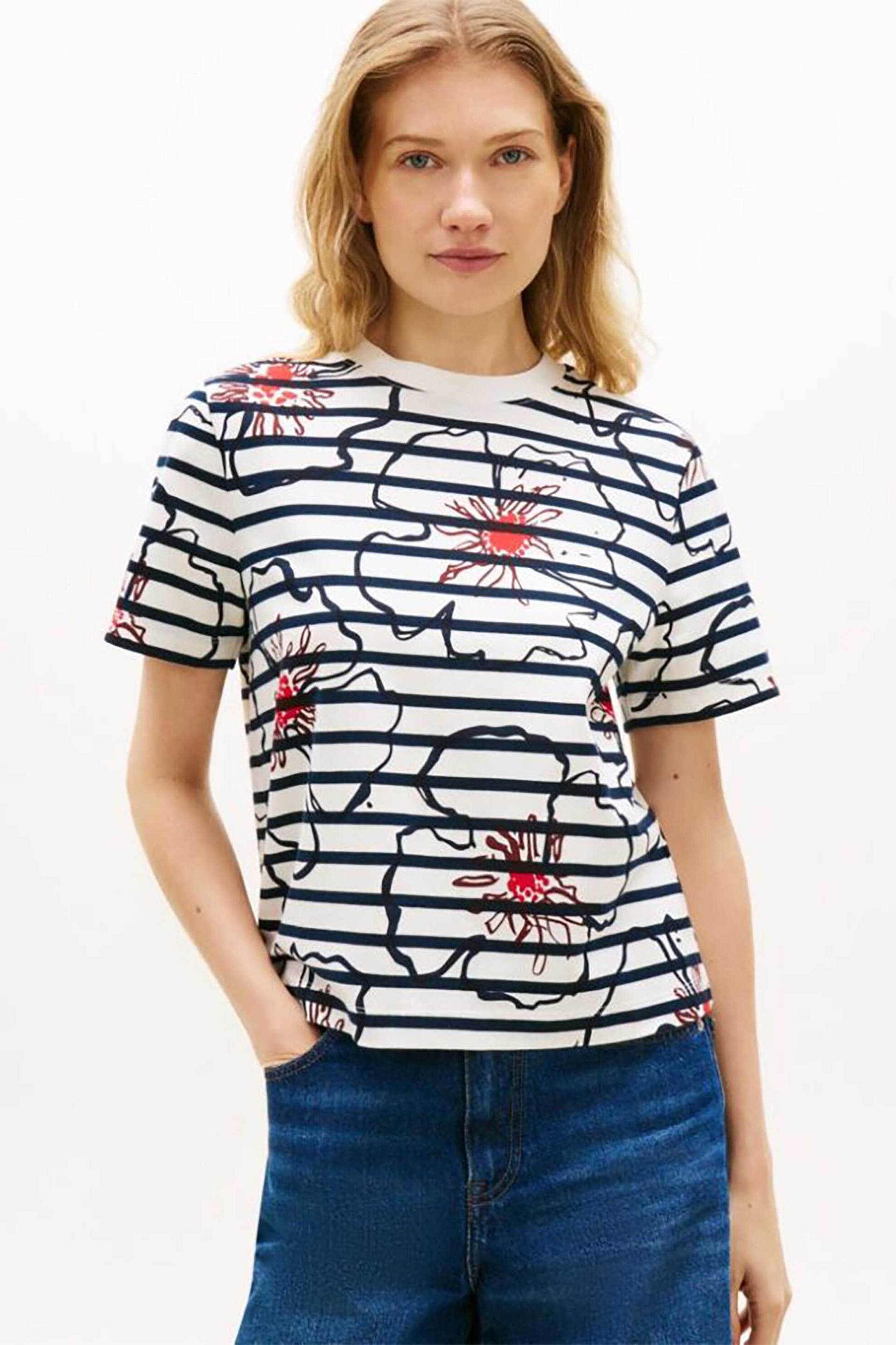Tommy Hilfiger γυναικείο T-shirt με floral print Regular Fit - WW0WW49626 Μπλε Σκούρο