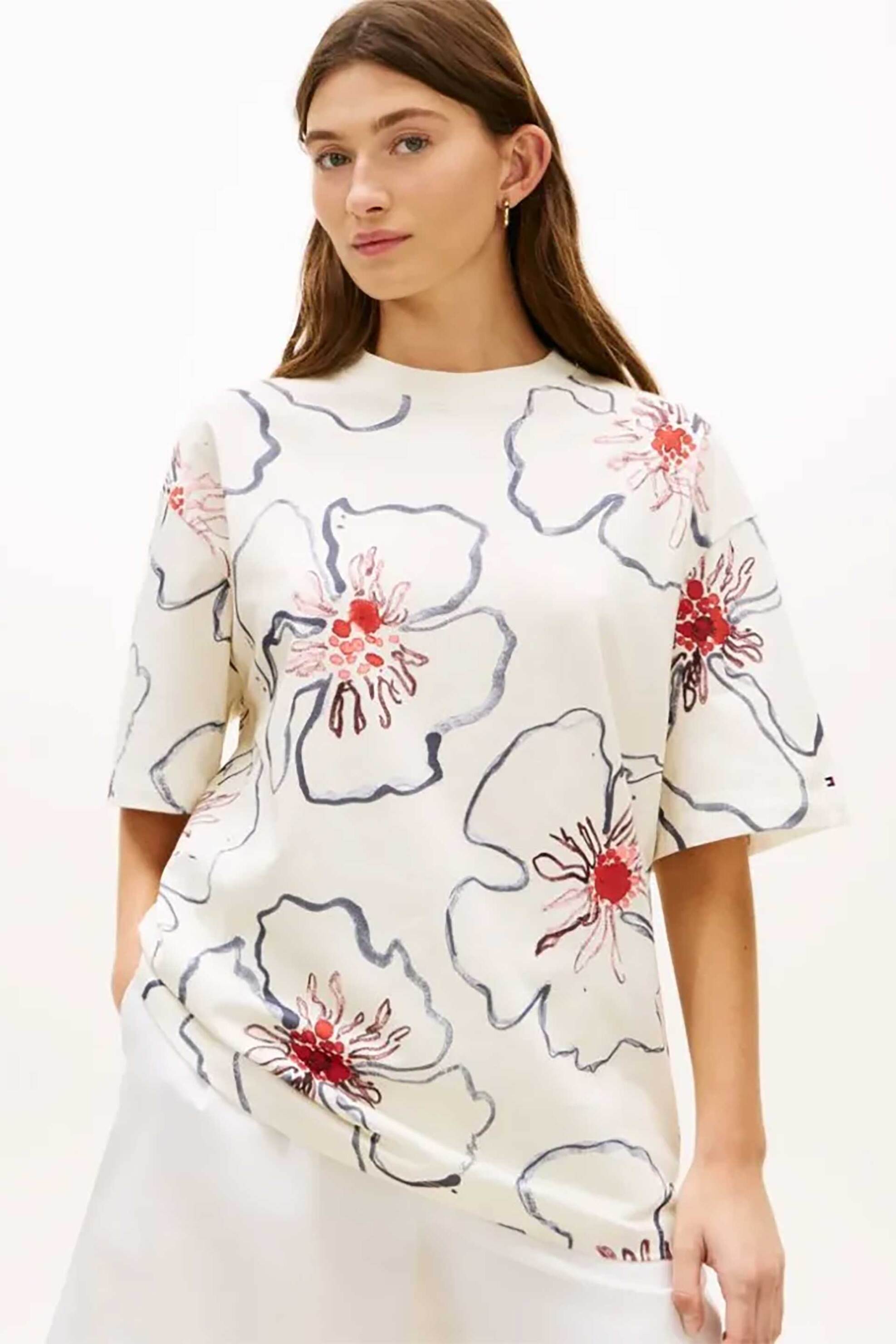 Tommy Hilfiger γυναικείο T-shirt με floral print Oversized Fit - WW0WW48708 Εκρού