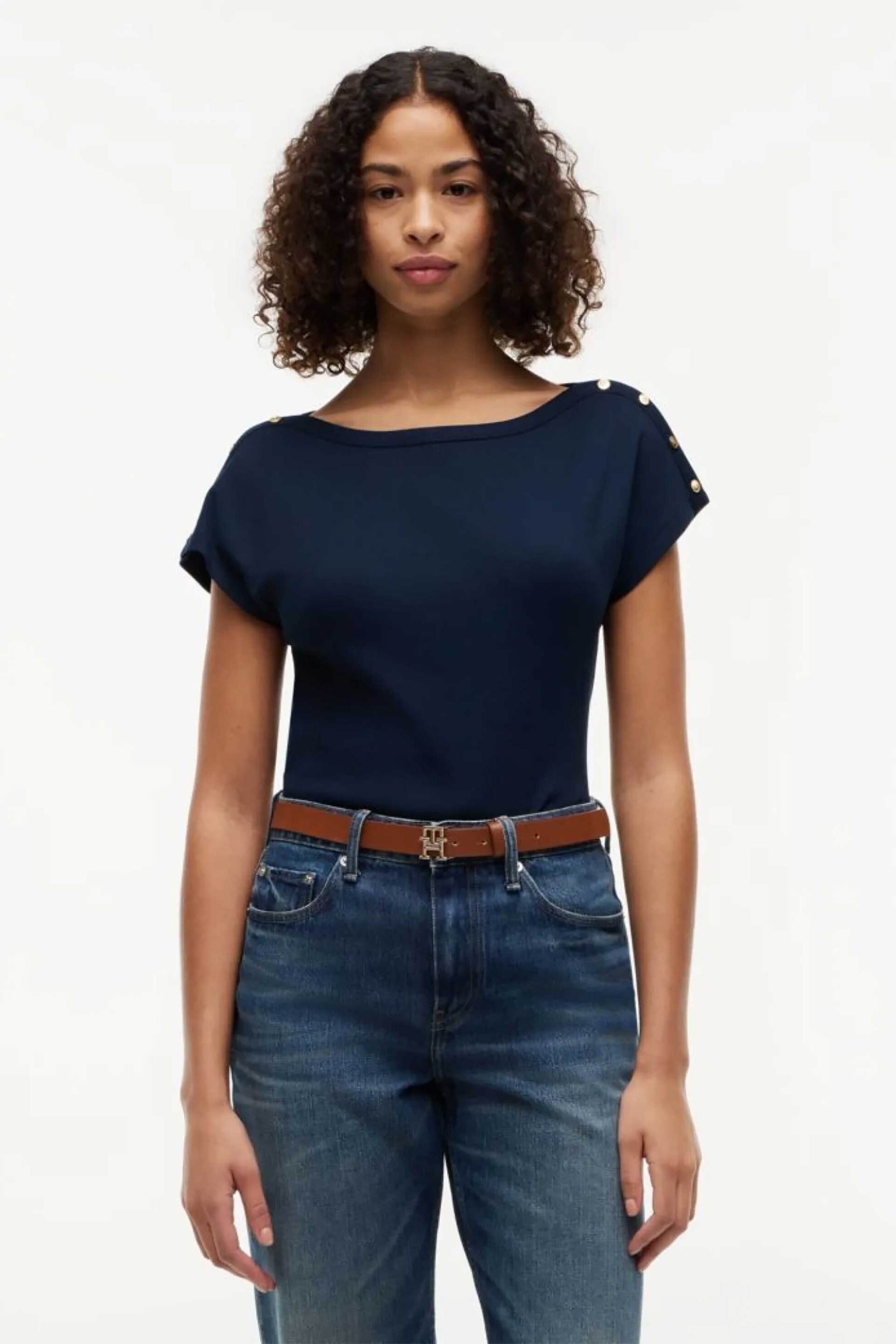 Tommy Hilfiger γυναικείο T-shirt με χρυσά κουμπιά Regular Fit - WW0WW50942 Μπλε Σκούρο