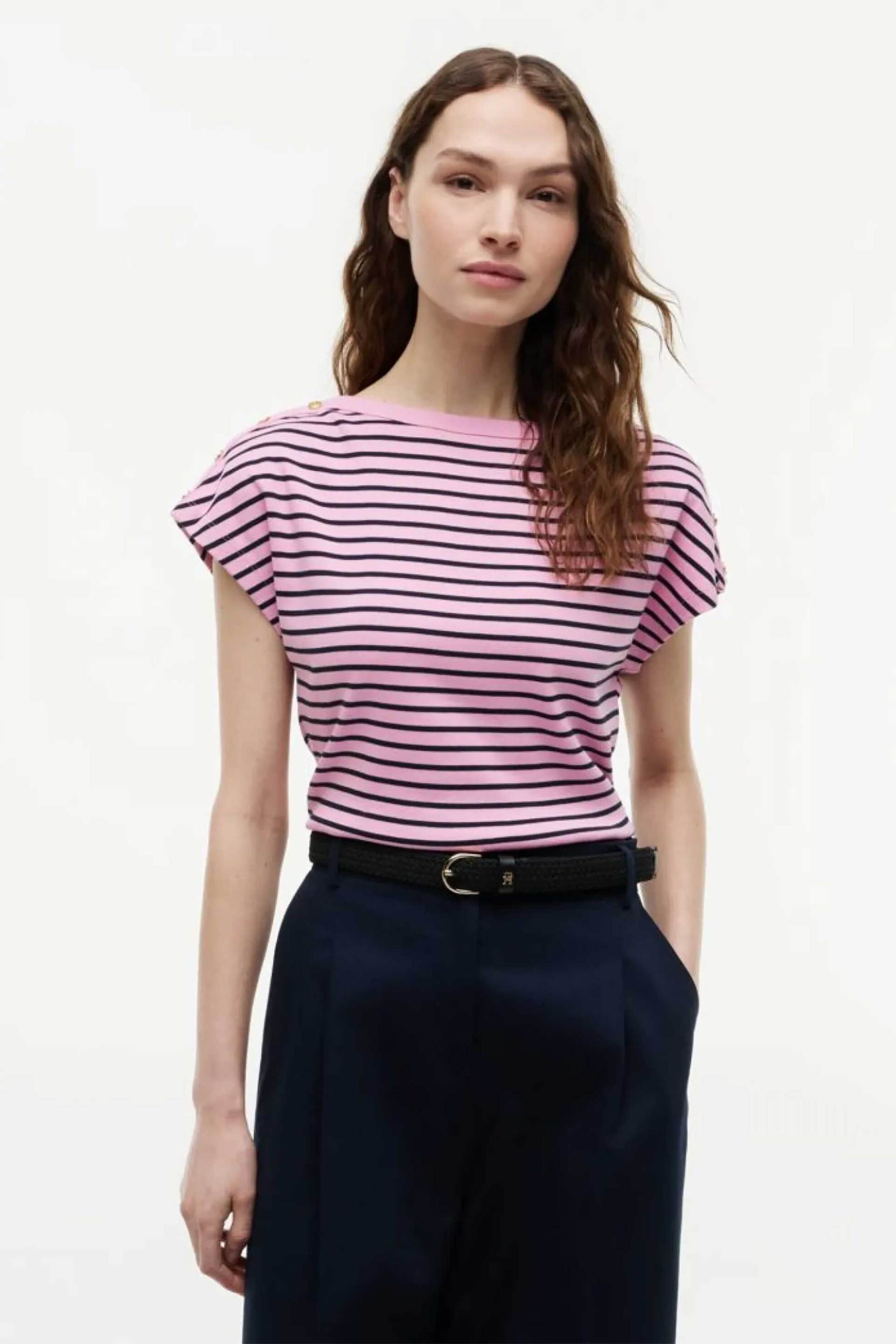 Tommy Hilfiger γυναικείο T-shirt με χρυσά κουμπιά Regular Fit - WW0WW50942 Ροζ