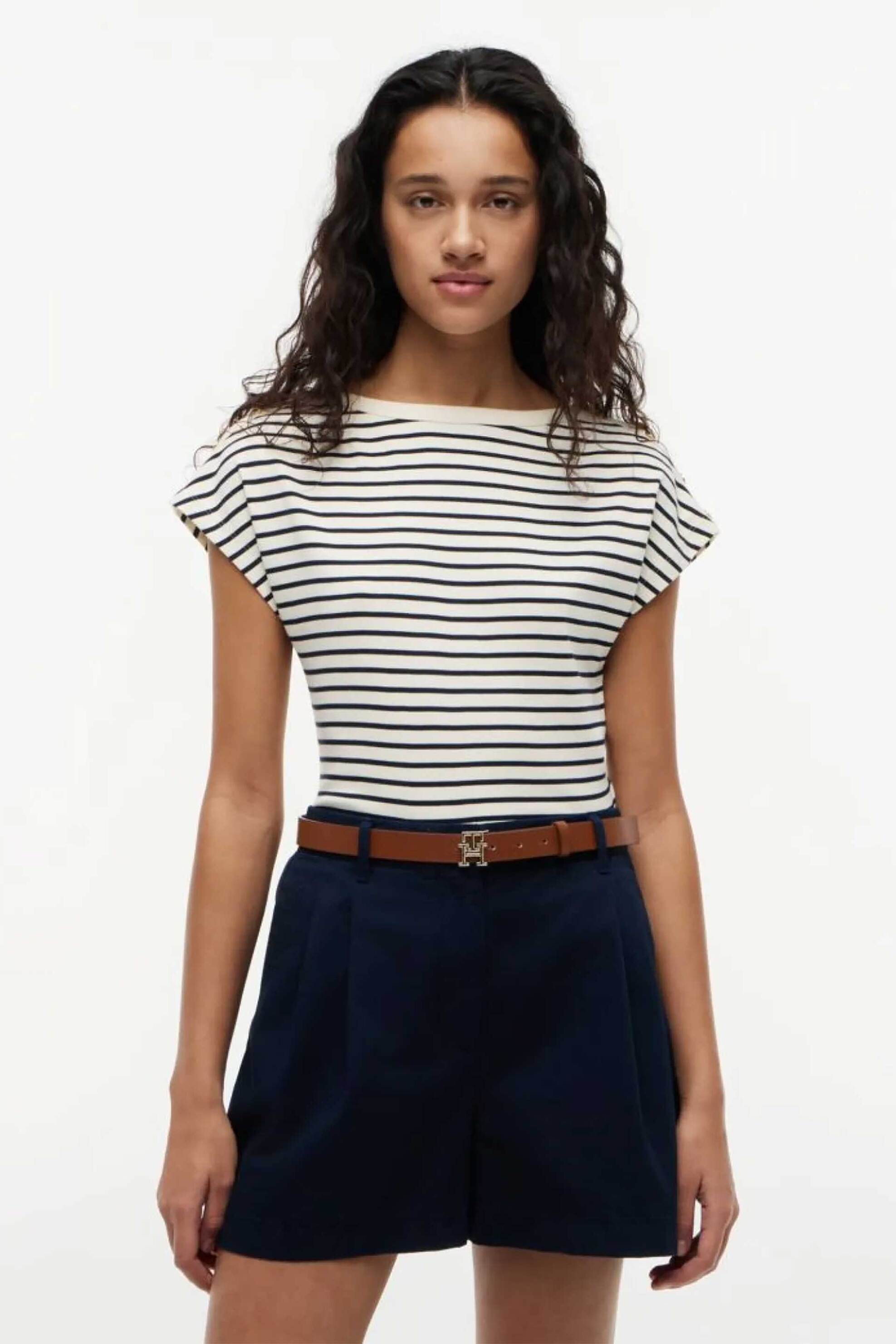 Tommy Hilfiger γυναικείο T-shirt με χρυσά κουμπιά Regular Fit - WW0WW50942 Λευκό - Μπλε