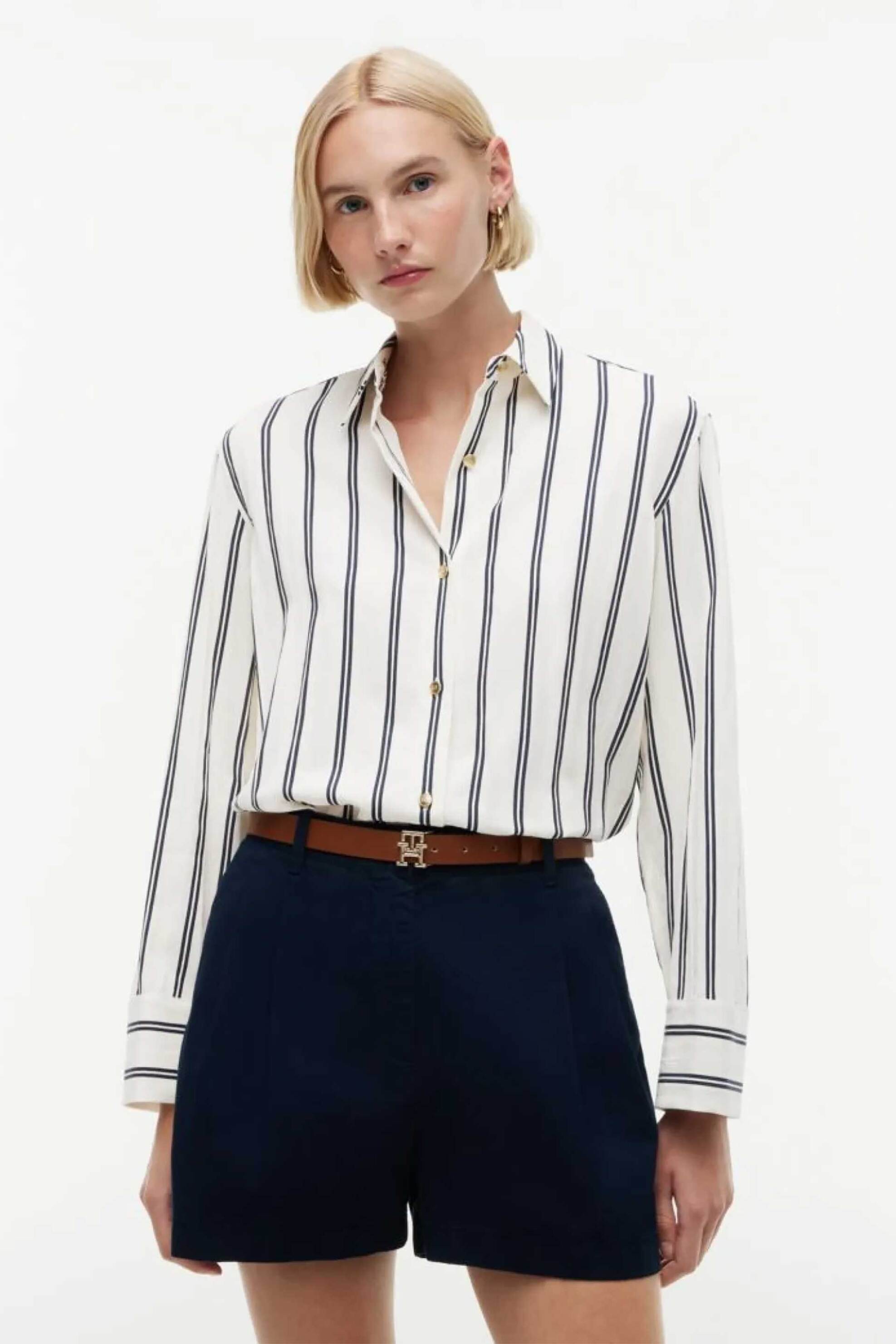Tommy Hilfiger γυναικείο πουκάμισο ριγέ με λογότυπο Relaxed Fit - WW0WW49909 Μπλε Σκούρο