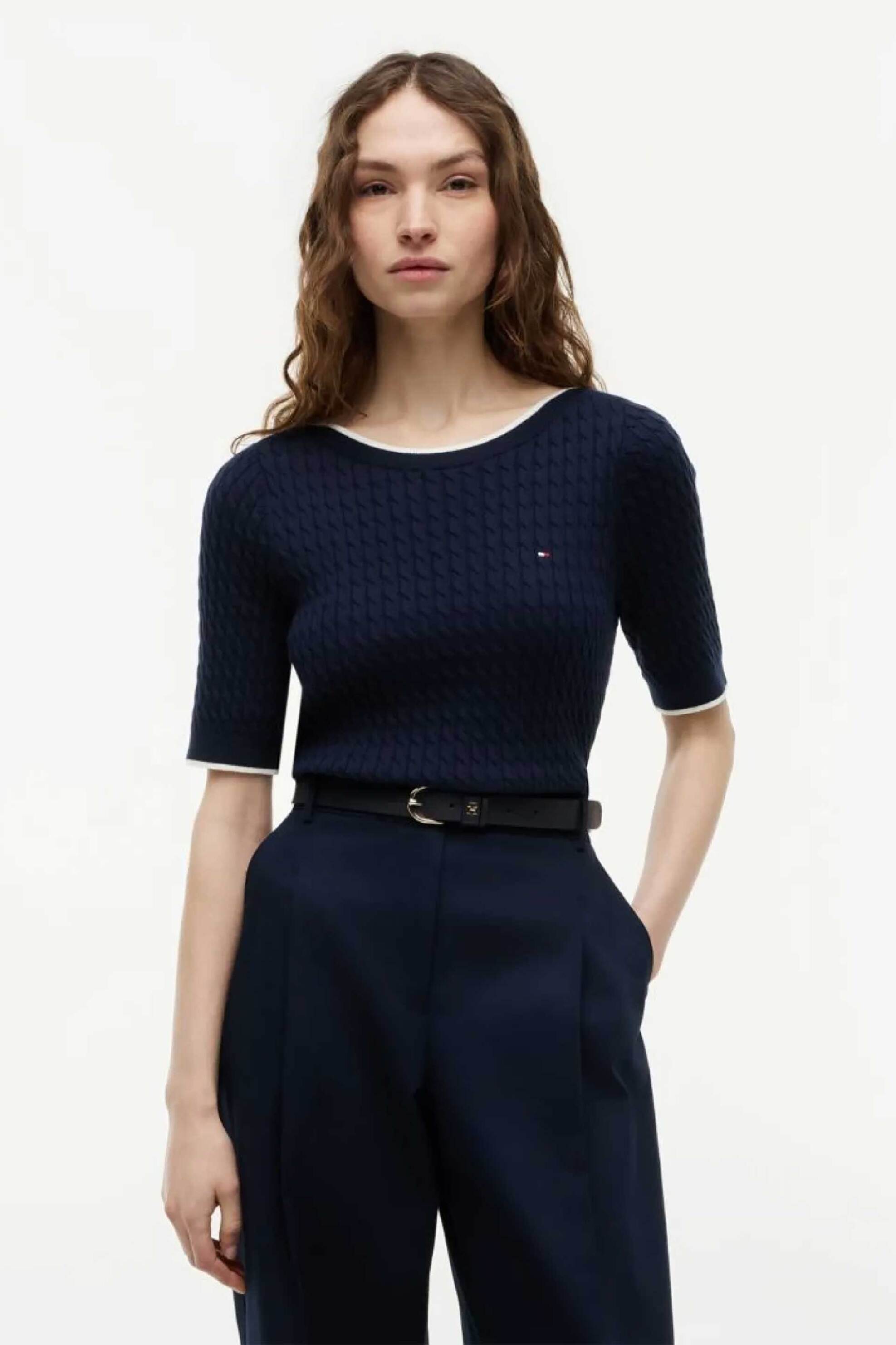 Tommy Hilfiger γυναικεία μπλούζα cable knit με κοντό μανίκι - WW0WW50103 Μπλε Σκούρο