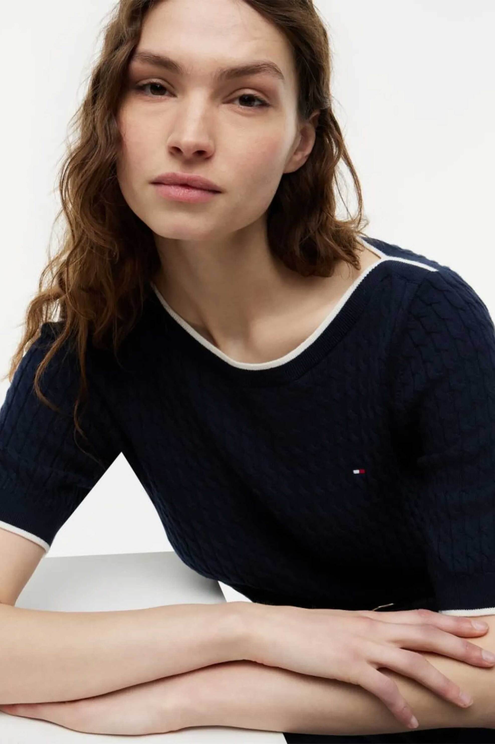 Tommy Hilfiger γυναικεία μπλούζα cable knit με κοντό μανίκι - WW0WW50103 Μπλε Σκούρο