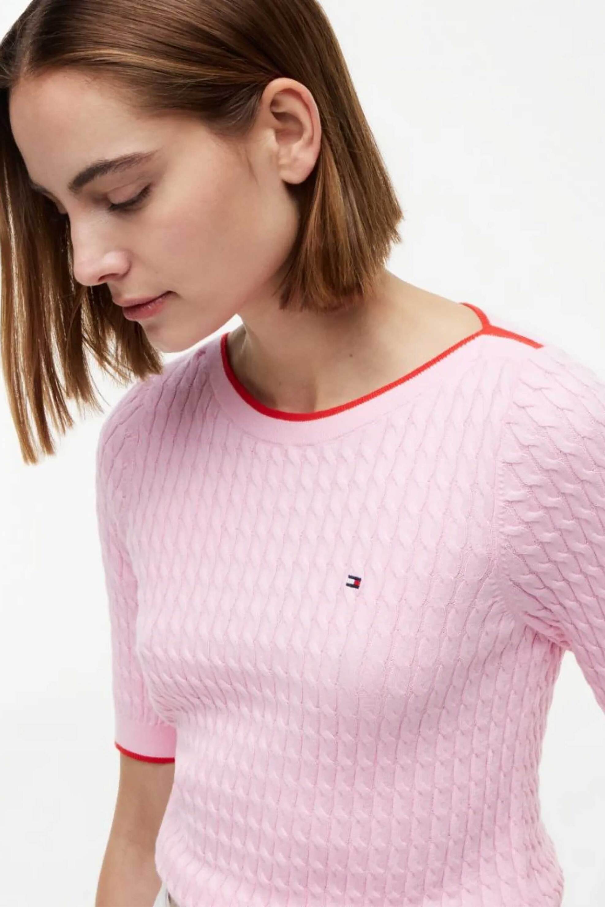 Tommy Hilfiger γυναικεία μπλούζα cable knit με κοντό μανίκι - WW0WW50103 Ροζ
