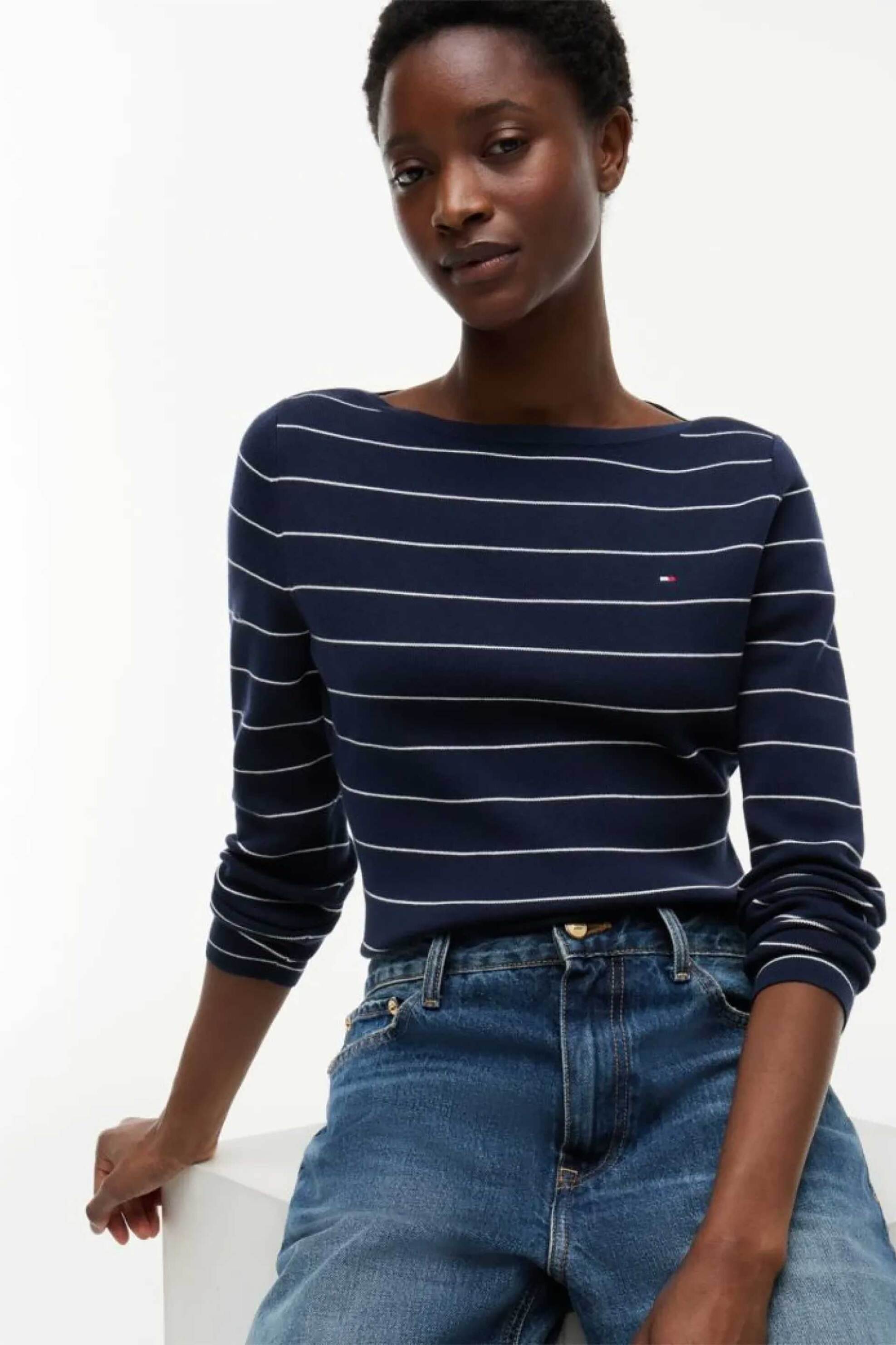 Tommy Hilfiger γυναικεία πλεκτή μπλούζα ριγέ Regular Fit - WW0WW50107 Μπλε Σκούρο