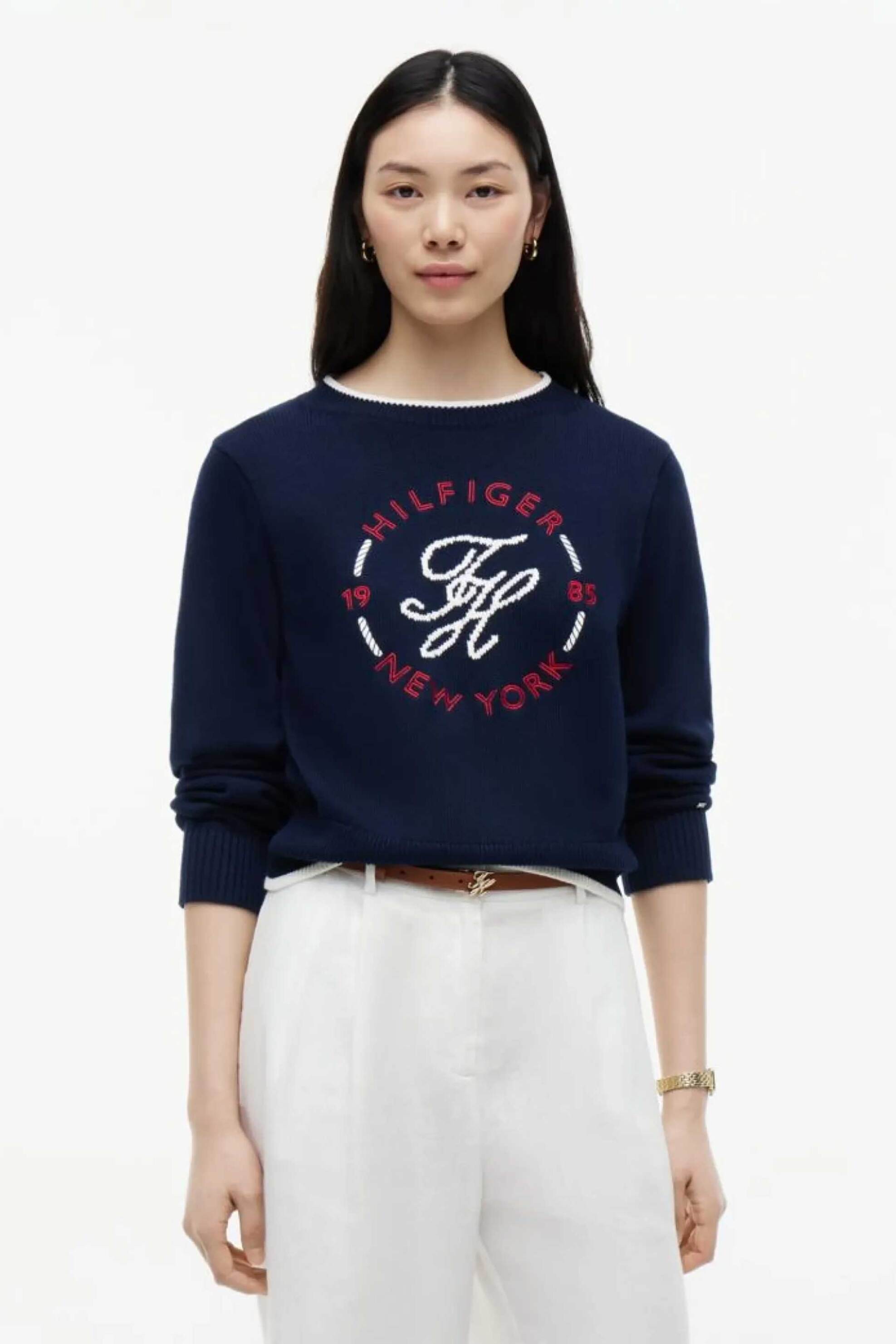 TOMMY HILFIGER Tommy Hilfiger γυναικεία πλεκτή μπλούζα με λογότυπο Relaxed Fit - WW0WW51007 Μπλε Σκούρο