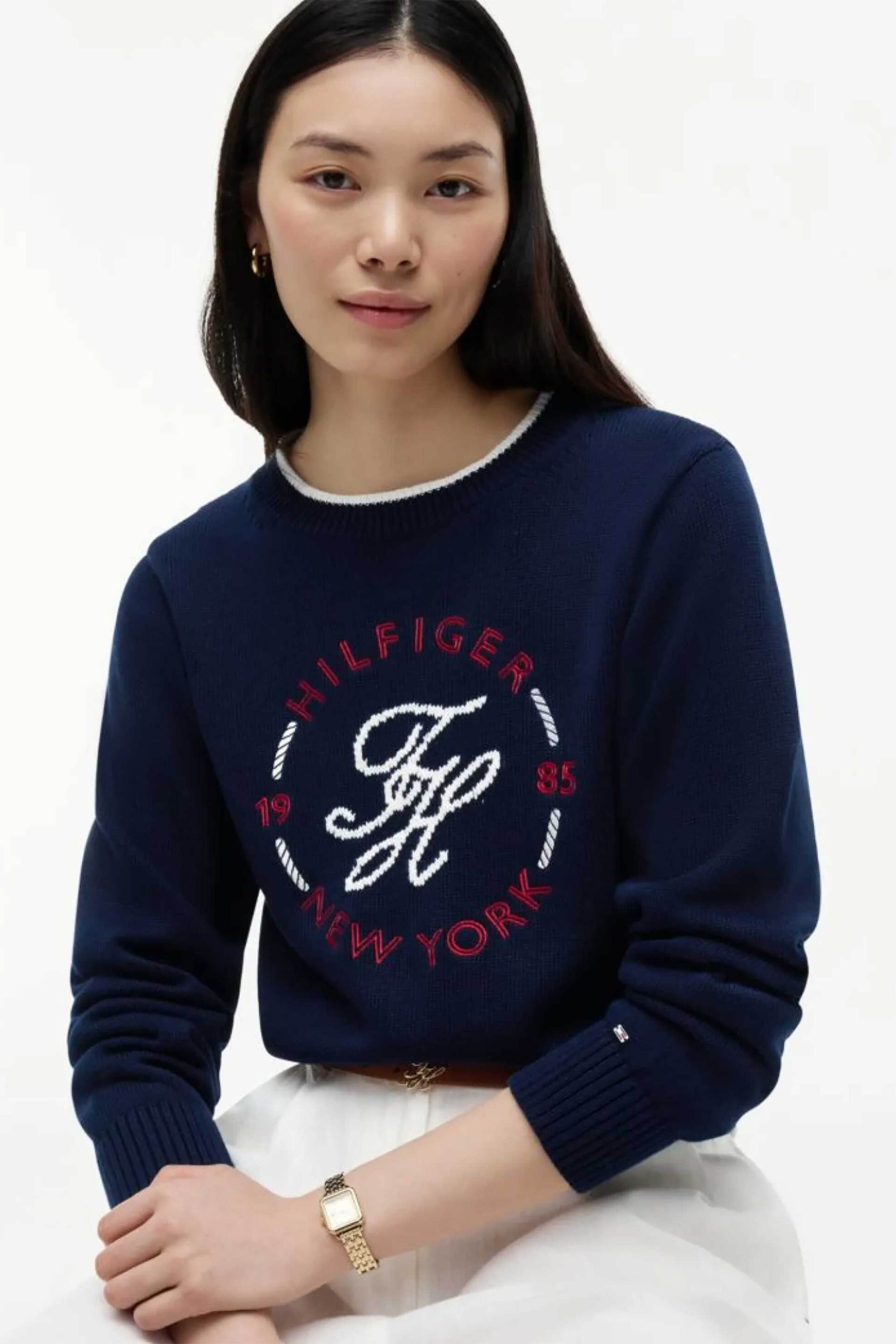 TOMMY HILFIGER Tommy Hilfiger γυναικεία πλεκτή μπλούζα με λογότυπο Relaxed Fit - WW0WW51007 Μπλε Σκούρο - 2