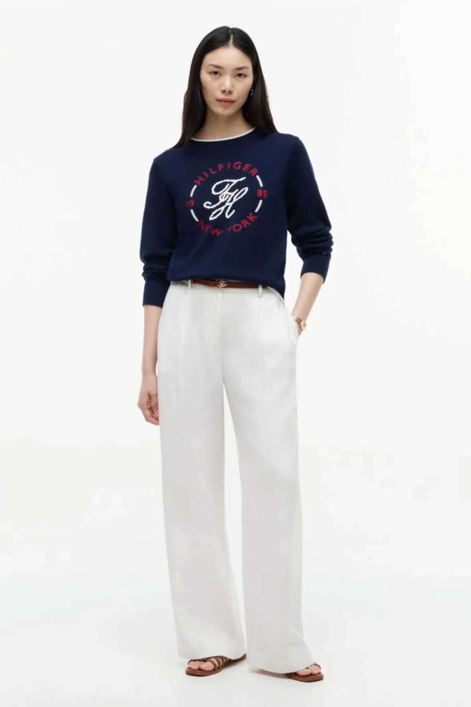 TOMMY HILFIGER Tommy Hilfiger γυναικεία πλεκτή μπλούζα με λογότυπο Relaxed Fit - WW0WW51007 Μπλε Σκούρο - 3