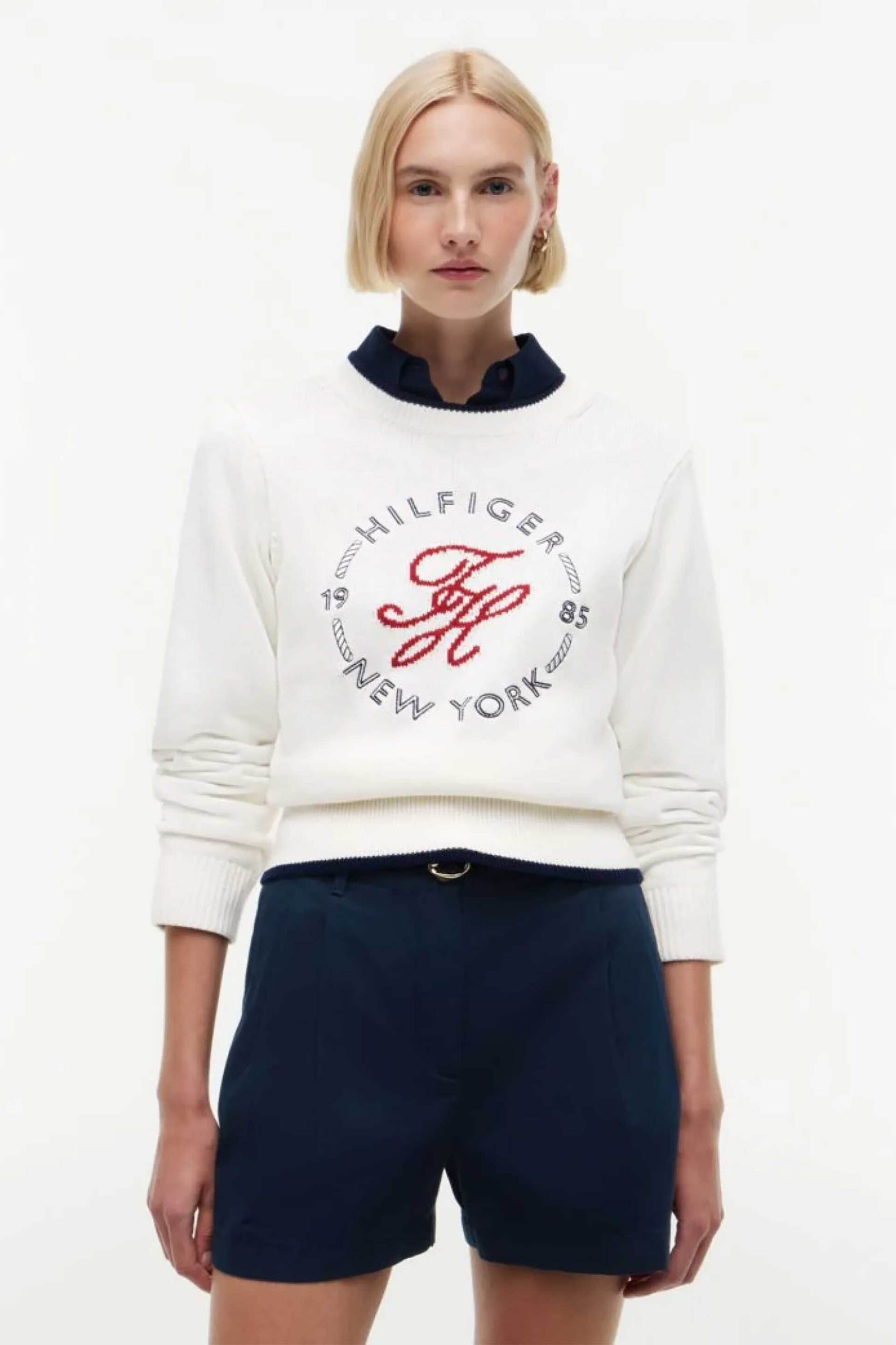 TOMMY HILFIGER Tommy Hilfiger γυναικεία πλεκτή μπλούζα με λογότυπο Relaxed Fit - WW0WW51007 Λευκό