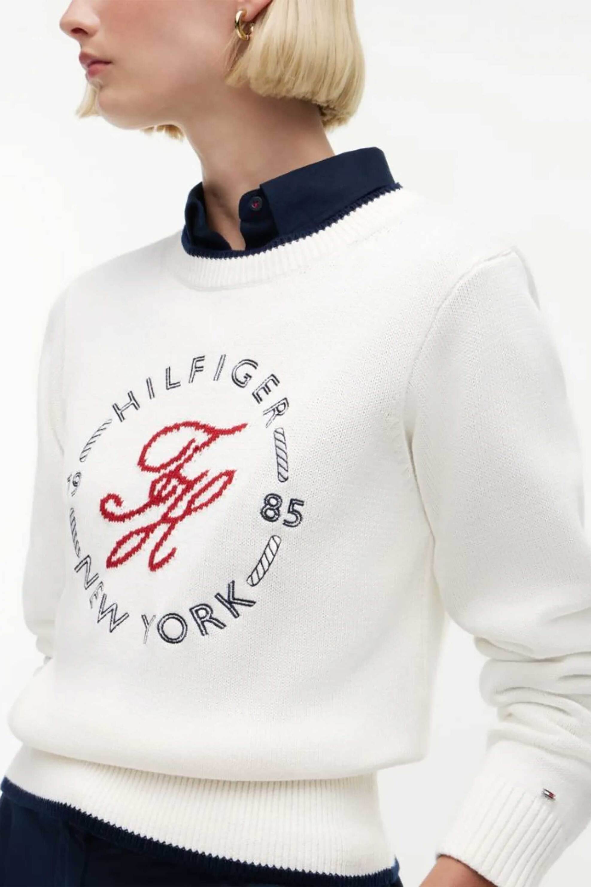 TOMMY HILFIGER Tommy Hilfiger γυναικεία πλεκτή μπλούζα με λογότυπο Relaxed Fit - WW0WW51007 Λευκό - 2